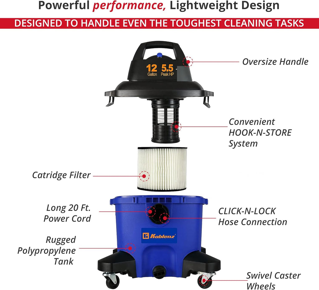 Koblenz WD-12 L4 Wet Dry Vacuum Cleaner, 12 Gallon 5.5 PHP, 3-in-1 Suction & Blower, 32 ft Reach, Drain Plug, Large Vacuum Cleaner for Car, Shop Vacuum Wet and Dry, Click-N-Lock Hose, Blue/Black