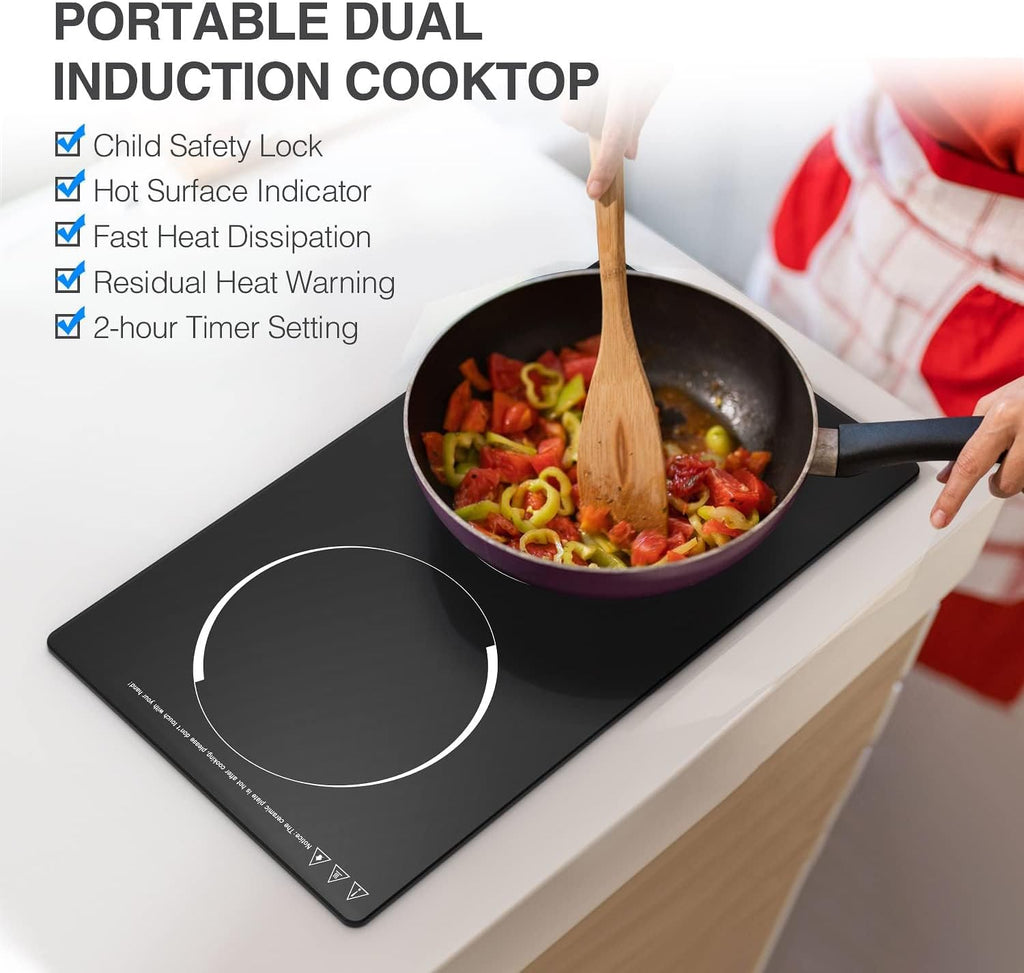 Double Induction Cooktop, WABK 2300W 2 burner Induction Cooker Cooktop, 110V Countertop & Built-in Electric Cooktop with Hot Plate, LED Touch Screen & 9 Power Levels, 2-Hour Timer and Child Lock