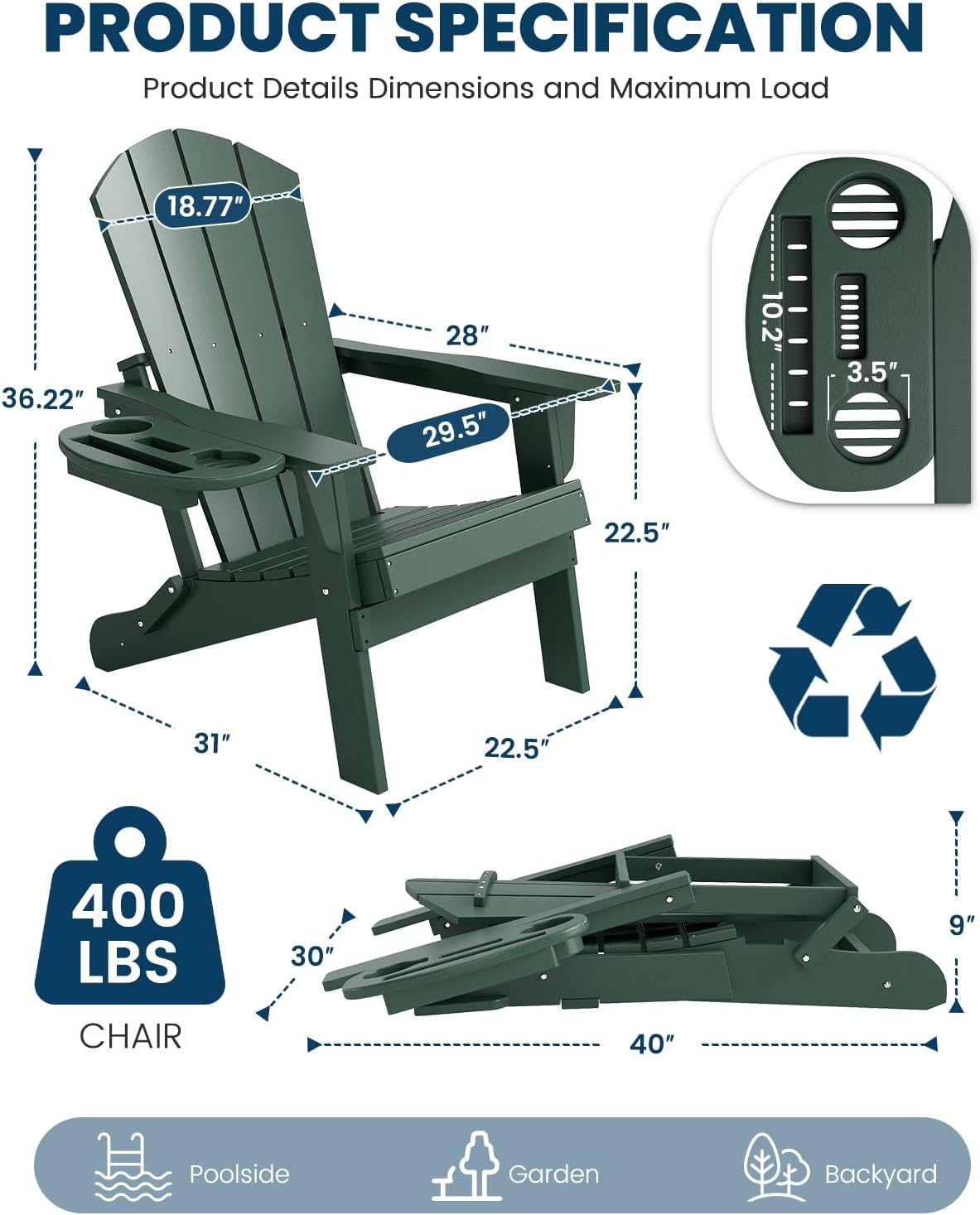 FOOWIN Folding Adirondack Chair Set of 2, HDPE Adirondack Chairs with Cup Holder, Weather Resistant Plastic Fire Pit Chairs for Outdoor, Patio, Lawn, Garden, Backyard, Deck, Green