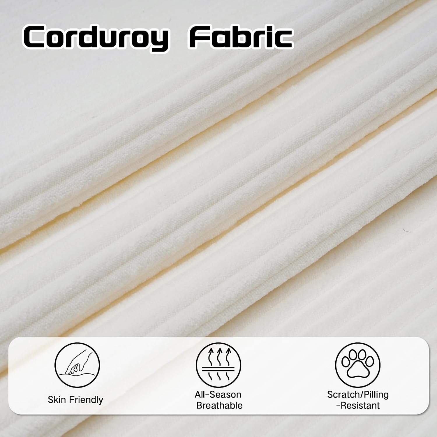 3 Seater Couch, 84' Comfy Corduroy Sofa with Deep Seat for Living Room, Modern Upholstered White Sofa Couches for Bedroom, Apartment and Office (Pillows Not Include)