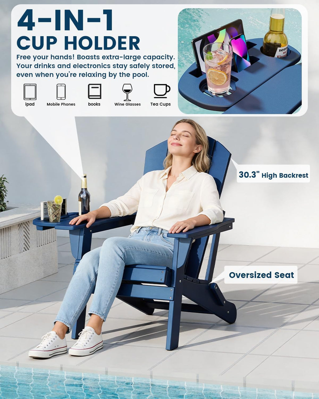 FOOWIN Folding Adirondack Chair Set of 4, HDPE Adirondack Chairs with Cup Holder, Weather Resistant Plastic Fire Pit Chairs for Outdoor, Patio, Lawn, Garden, Backyard, Deck, Dark Blue