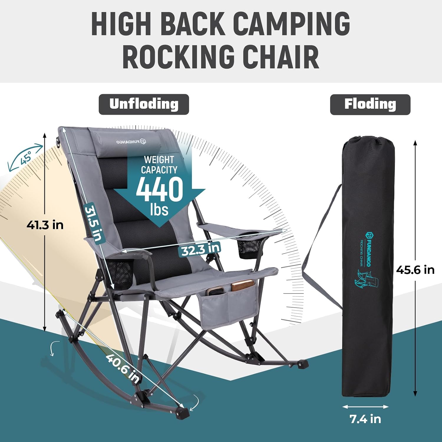 FUNDANGO Oversized Rocking Camping Chair for Adults, 2 Pack High Back Padded Folding Lawn Chairs with Pillows, Wide Armrest, 2 Cup Holders, Carry Bag for Patio Garden Outdoor Supports 440Lbs