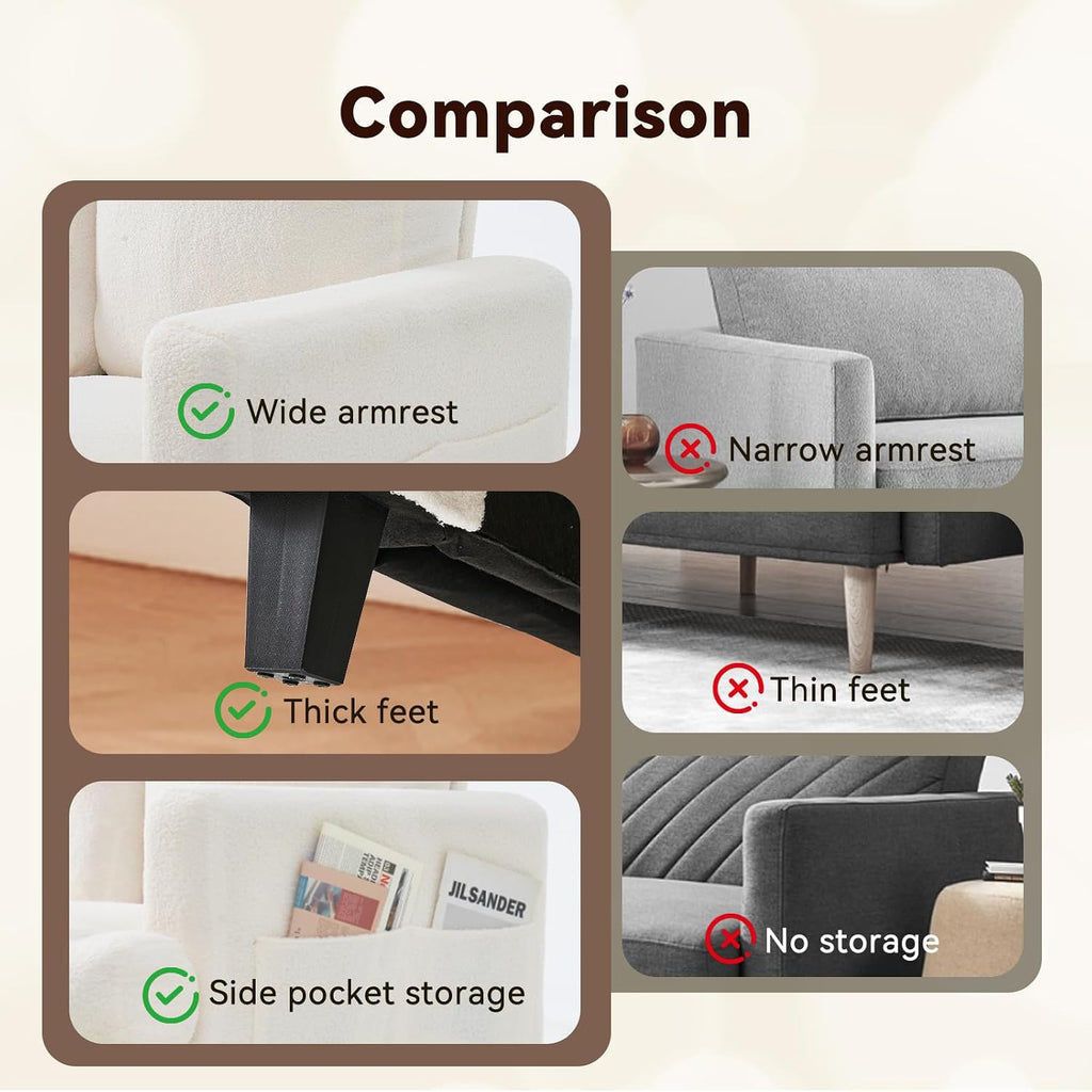 88' Cloud Couch Lamb Fleece Beige Couch 3 Seat Living Room Furniture with Side Pocket and Wide Armrest for Living Room, Bedroom, Office