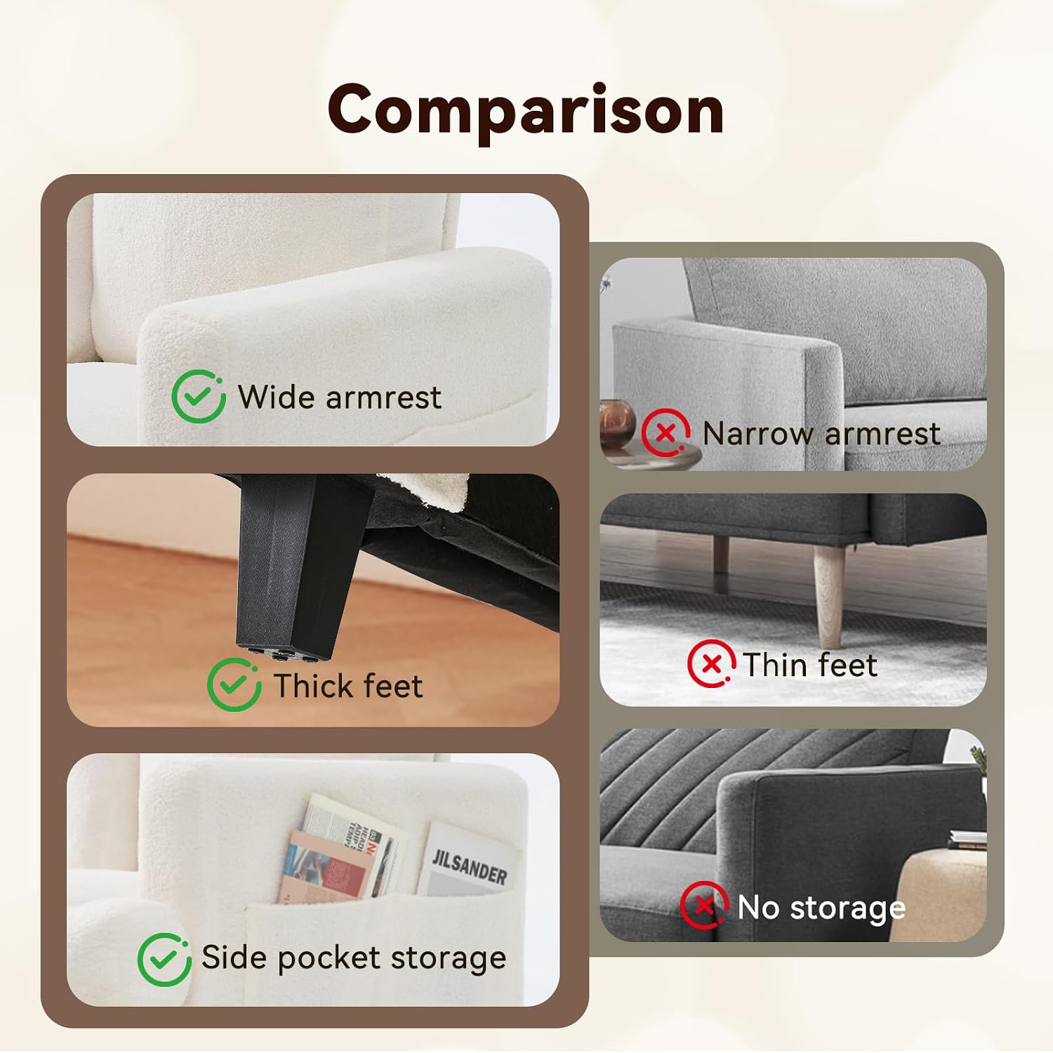 88' Cloud Couch Lamb Fleece Beige Couch 3 Seat Living Room Furniture with Side Pocket and Wide Armrest for Living Room, Bedroom, Office