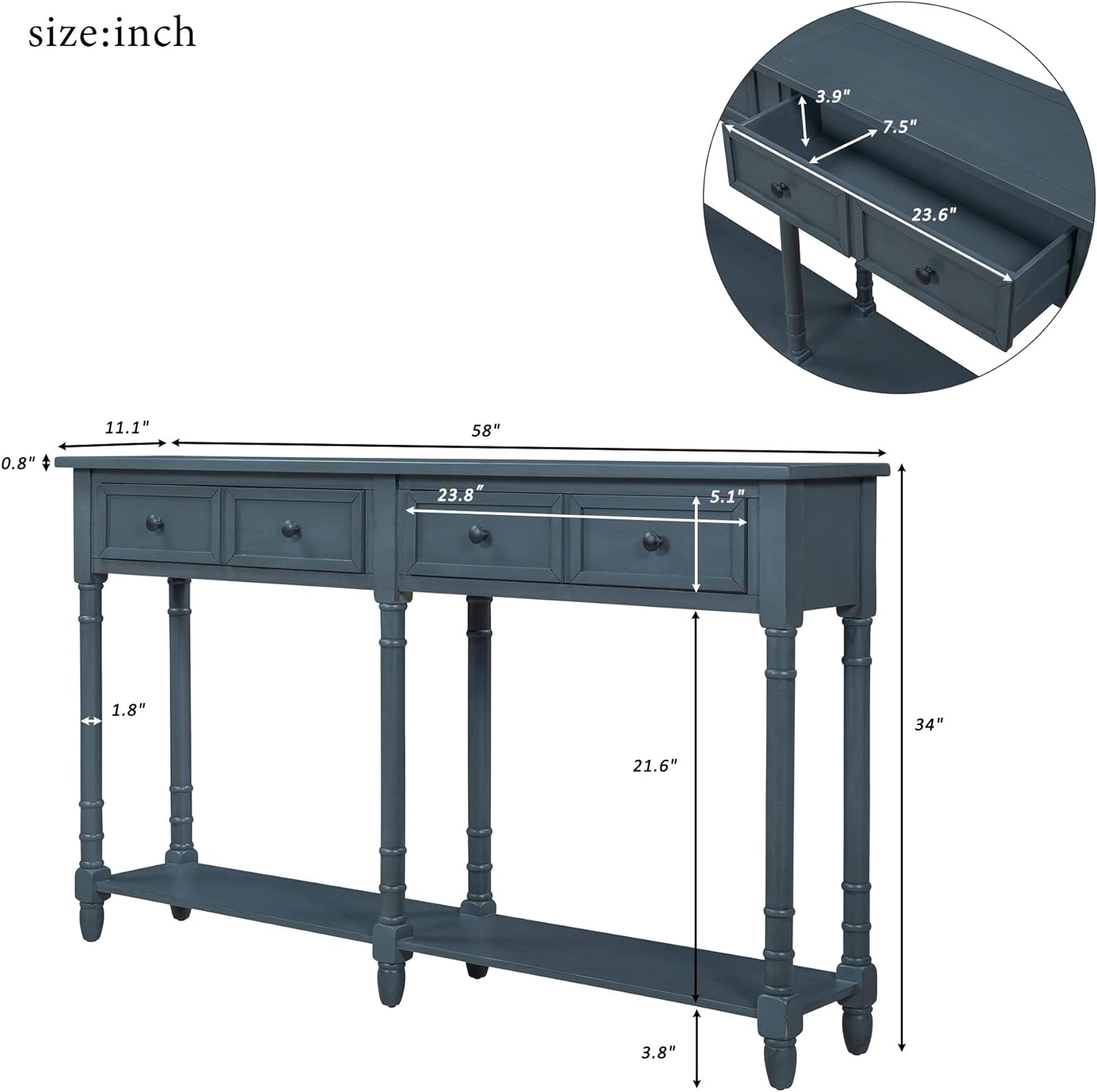 Merax Console Table Sofa Table with Two Storage Drawers and Bottom Shelf for Living Room, Entryway, Easy Assembly (Antique Navy)