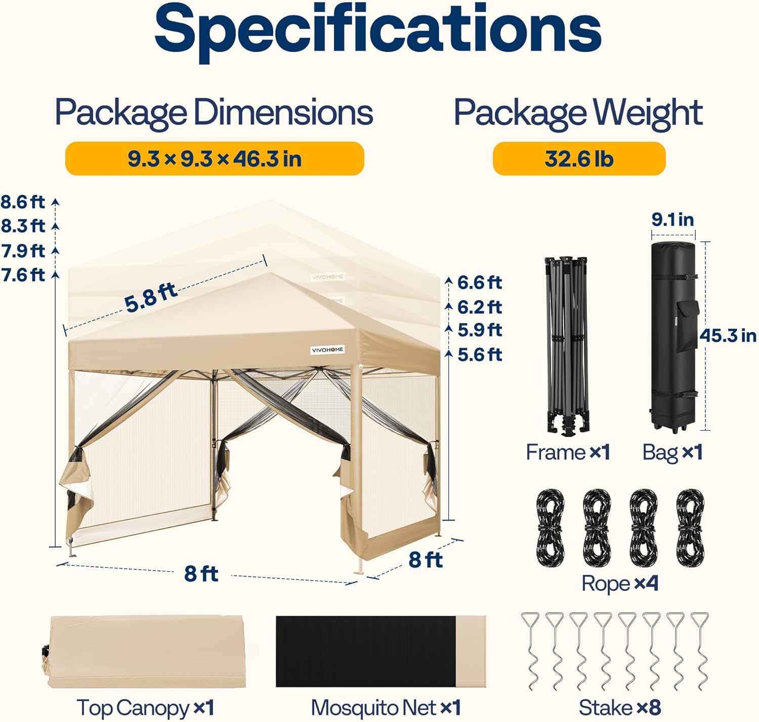 VIVOHOME 8x8ft Easy Pop-Up Canopy, Outdoor Screen Tent with Mosquito Netting, 2 Zipper Doors, and Roller Bag for Yard Camping Picnic Party Events, Beige
