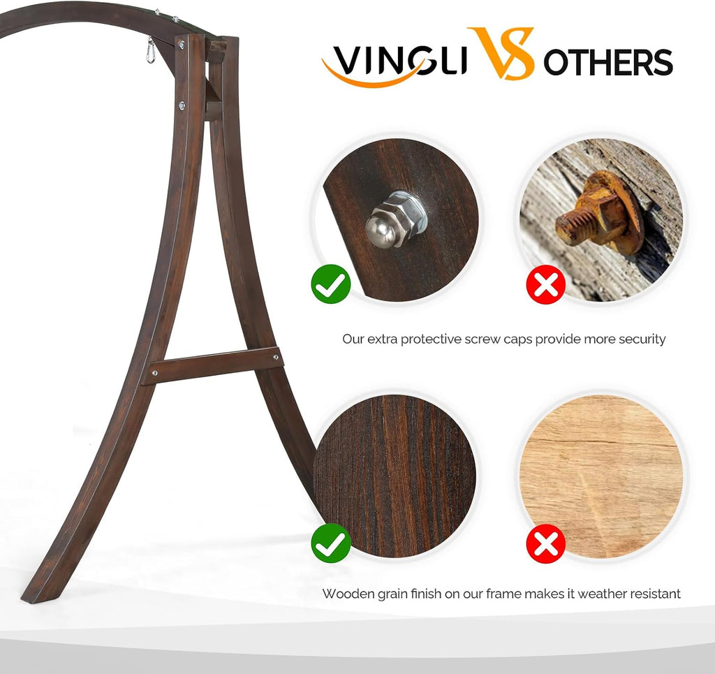 VINGLI 6.7FT Porch Swing Frame, 1000LBS Heavy Duty A-Frame Wooden Porch Swing Stand with Curved Arc Top for 5FT Porch Swing, Large Swing Hanger for Garden, Patio, Backyard & Indoor, Rustic