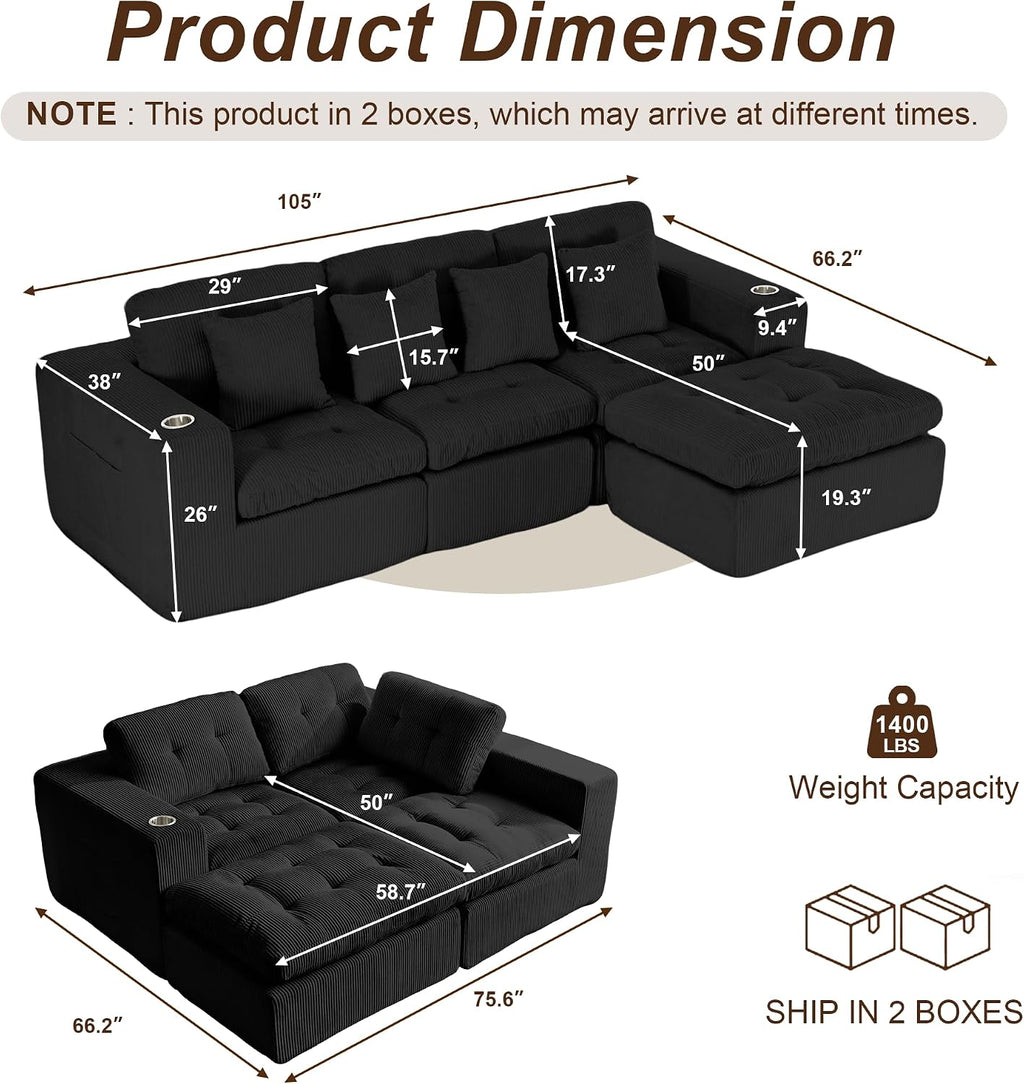105' Modular Sectional Sofa, Cloud Sectional Couch with Deep Seat, Modern Corduroy Comfy L Shaped Couch with Chaise, Boneless Couches for Living Room Bedroom (Matte Black) | Cloud Sectional, Deep Seat, Corduroy, L Shaped with Chaise, Boneless Design