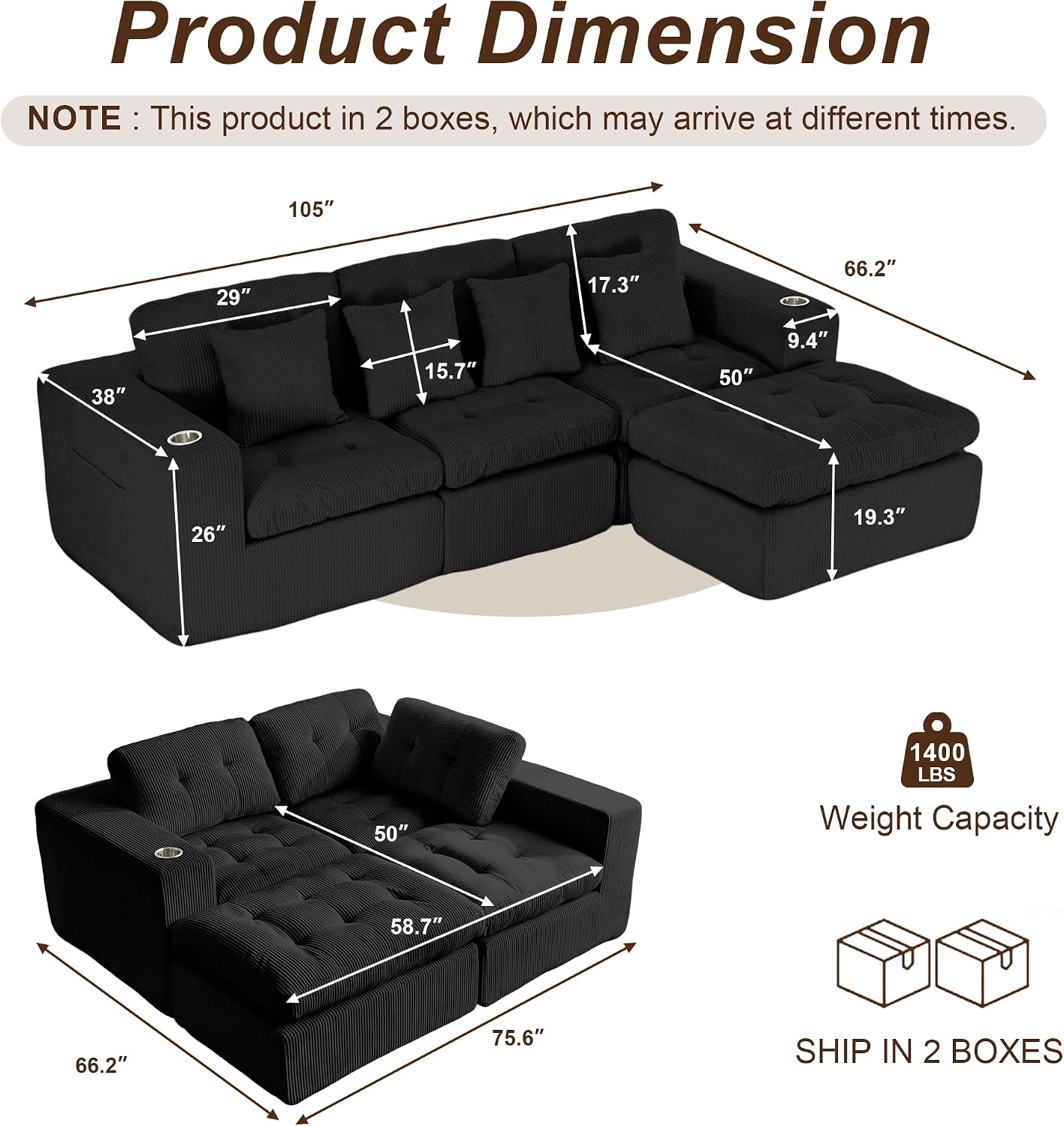 105' Modular Sectional Sofa, Cloud Sectional Couch with Deep Seat, Modern Corduroy Comfy L Shaped Couch with Chaise, Boneless Couches for Living Room Bedroom (Matte Black) | Cloud Sectional, Deep Seat, Corduroy, L Shaped with Chaise, Boneless Design