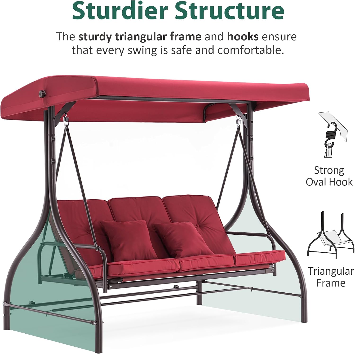 MCombo 3-Seat Outdoor Patio Swing Chair, 2-in-1 Convertible Porch Swing Glider Chair with Removable Cushions, Adjustable Canopy & Pillows for Backyard, Deck, Garden, 4068 (Burgundy)