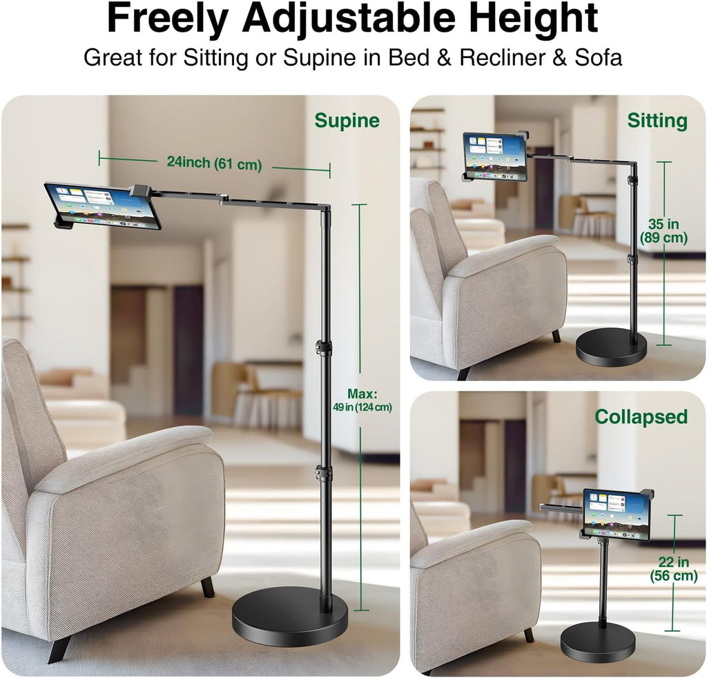 elitehood Diagonal Design iPad Floor Stand with Heavy Duty Base, 24in Horizontal Long Arm Tablet Floor Stand Holder for Bed Recliner Sofa, Compatible with iPad mini Air Pro 13/12.9 and 9-14in Devices