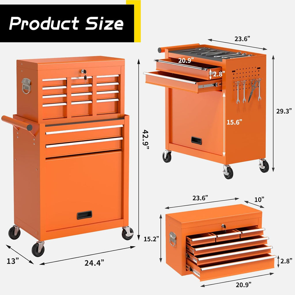 On Shine 8 Drawer Rolling Tool Chest, Large Capacity Rolling Tool Box with Wheels, Locking Mechanical Tool Chest, Portable Tool Box with Sliding Drawers for Garage Workshop and Tool Room (Orange)