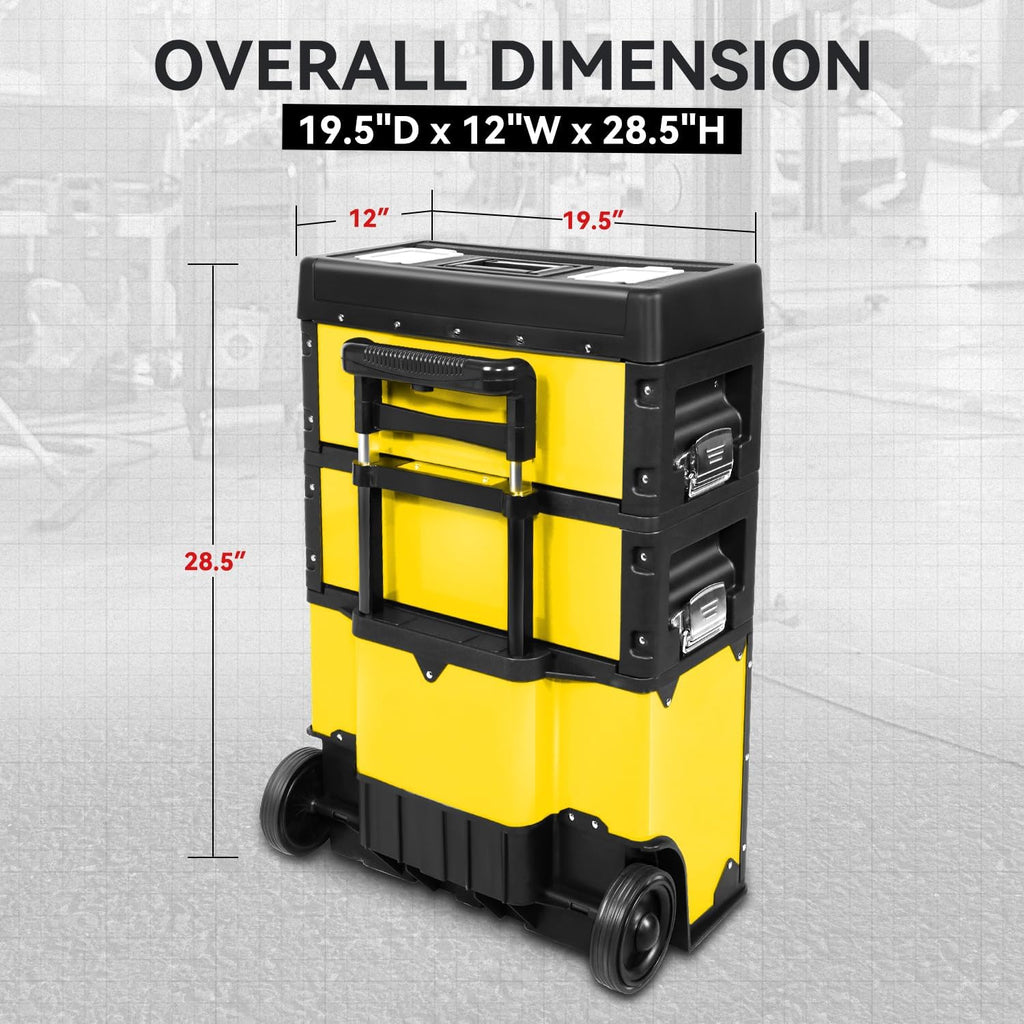Auto Dynasty 3-Tier Stackable Tool Box, 19.5 Inch 3-in-1 Rolling Tool Box with Wheels, Portable Steel and Plastic Rolling Upright Trolley Toolbox Organizer for Garage Workshop, 3-Piece Set, Yellow