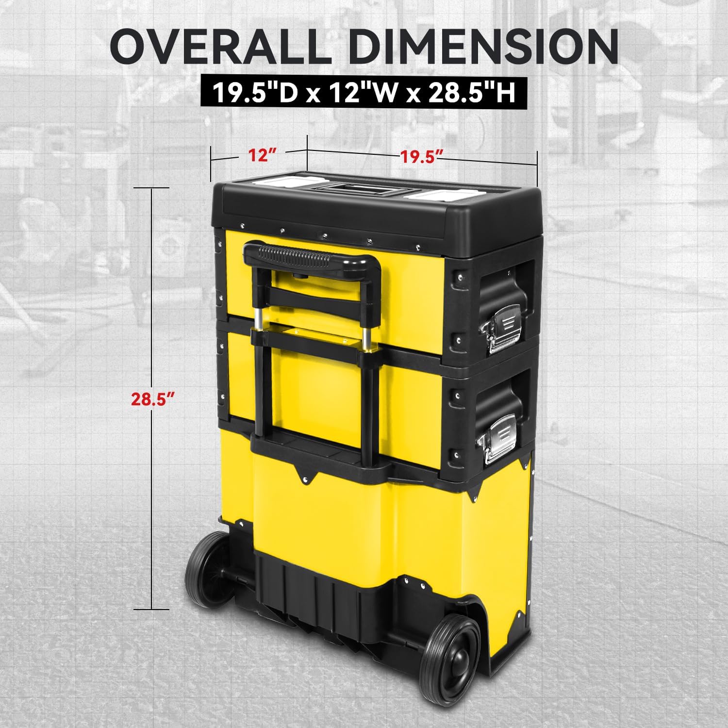 Auto Dynasty 3-Tier Stackable Tool Box, 19.5 Inch 3-in-1 Rolling Tool Box with Wheels, Portable Steel and Plastic Rolling Upright Trolley Toolbox Organizer for Garage Workshop, 3-Piece Set, Yellow