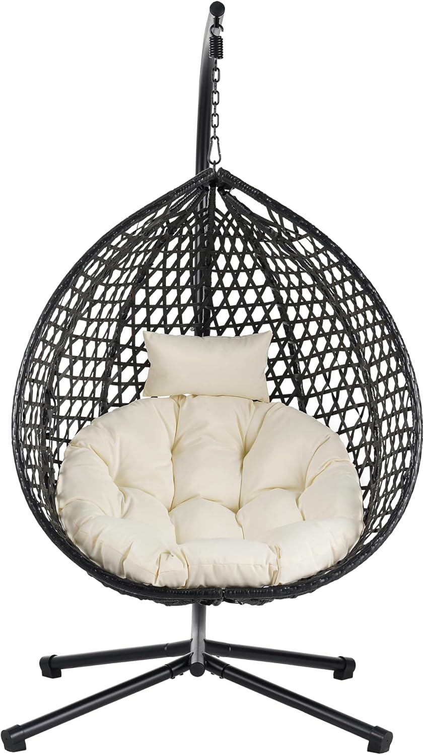 Egg Chair with Stand Patio Rattan Wicker Hanging Swing Egg Chair Hammock Chair for Indoor and Outdoor Egg Hanging Chair for Balcony Porch Garden 330lbs Capacity - Black+Beige