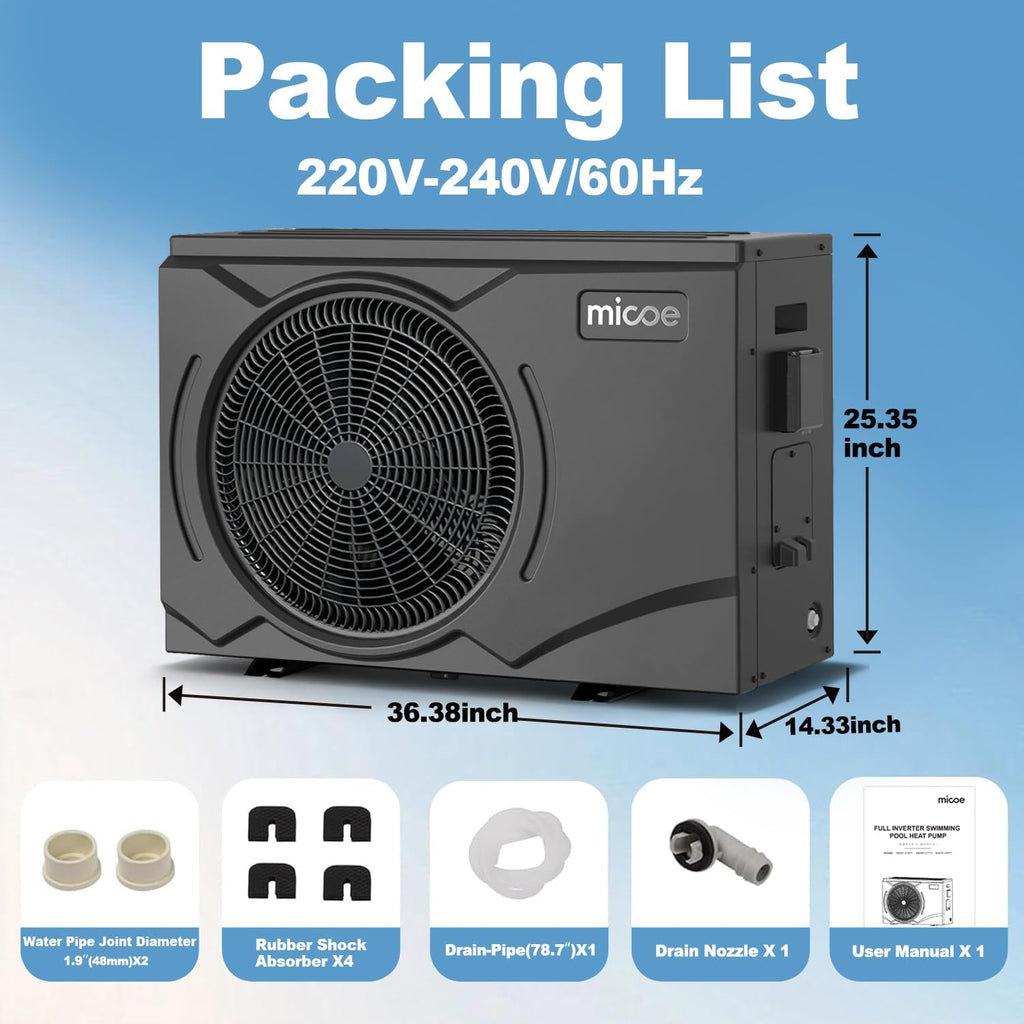MICOE 58,000 BTU Smart Swimming Pool Heat Pump, Electric Pool Heater for 18,000 Gallons Above Ground & Inground Pools, App-Controlled Heating & Cooling, 220–240V