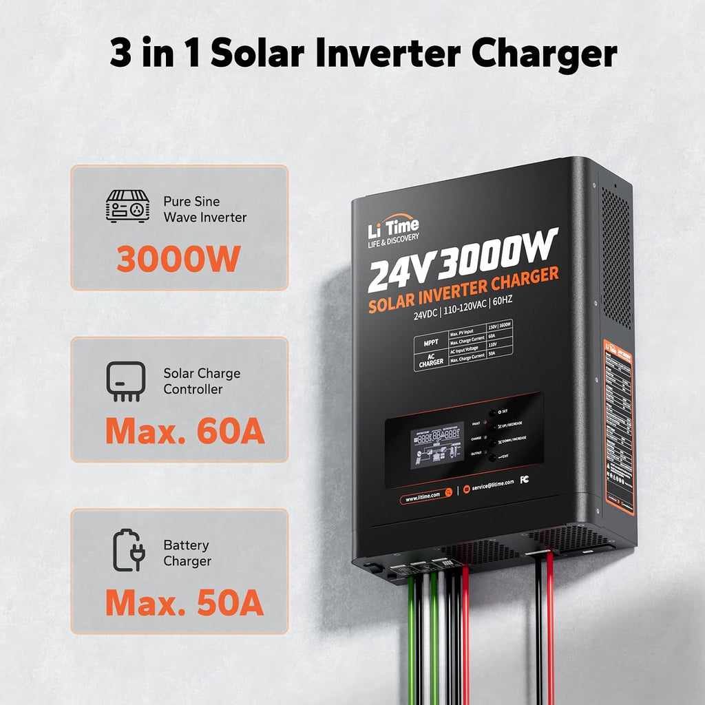 LiTime Solar Inverter Charger, 3000W DC 24V to AC 120V Pure Sine Wave Inverter with 60A MPPT Charge Controller, 50A AC Battery Charger, Uninterrupted Power Supply (UPS), RS485 Communication