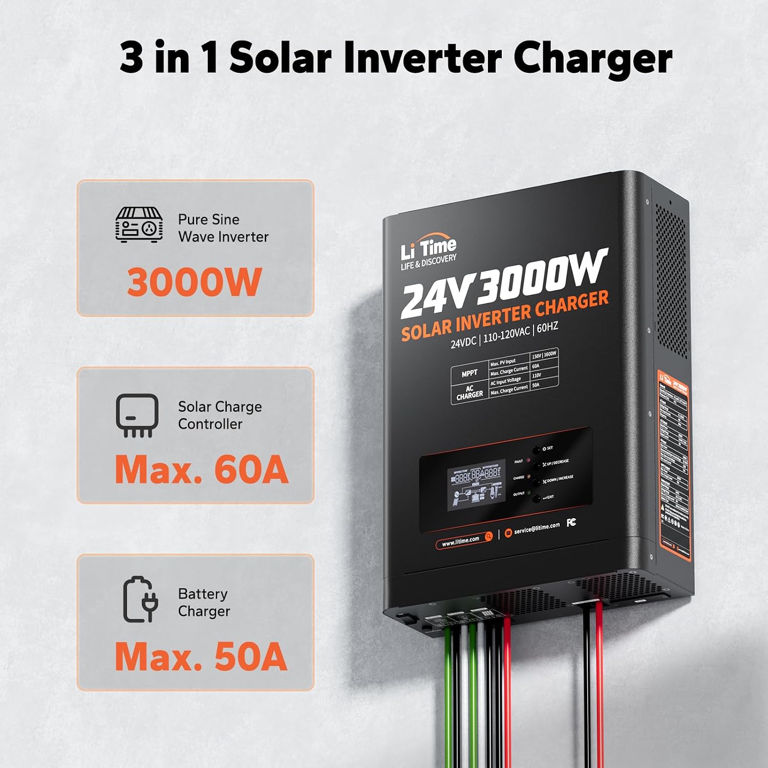 LiTime Solar Inverter Charger, 3000W DC 24V to AC 120V Pure Sine Wave Inverter with 60A MPPT Charge Controller, 50A AC Battery Charger, Uninterrupted Power Supply (UPS), RS485 Communication