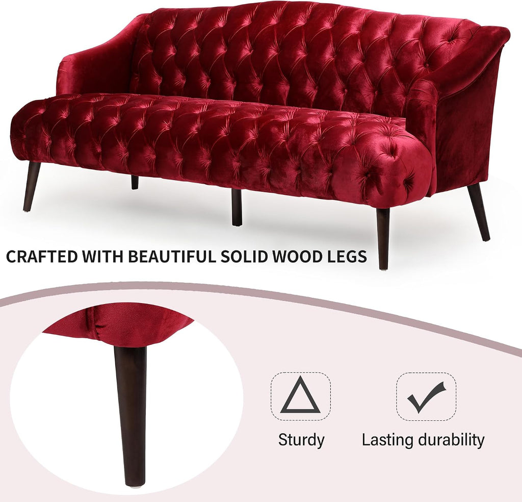 Wine Red Modern Velvet Loveseat Sofa Couch, 73' Mid - Century Tufted Upholstered Small Love Seat Couch, Curved High Back 3-Seats Couches for Compact Space, Living Room, Apartment (Wine Red)