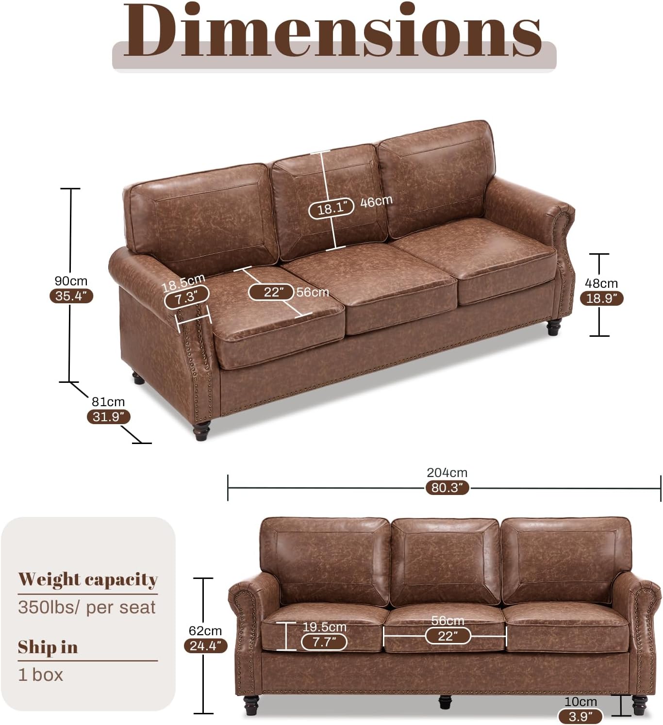 Kingfun Mid-Century Modern Couch, Faux Leather Sofa, 3 Seater Couch for Living Room with Rolled arms & Nailhead Trim, Dark Brown