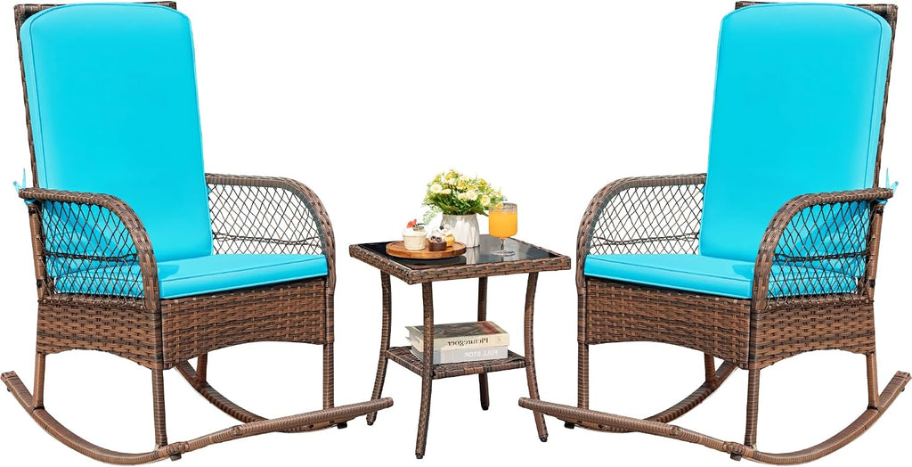 Devoko Outdoor Rocking Chairs 3 Piece Patio Furniture Set with Side Table & Cushions, Wicker Porch Rocker Bistro Set High Back for Balcony, Backyard, Garden (Blue)