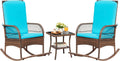 Devoko Outdoor Rocking Chairs 3 Piece Patio Furniture Set with Side Table & Cushions, Wicker Porch Rocker Bistro Set High Back for Balcony, Backyard, Garden (Blue)