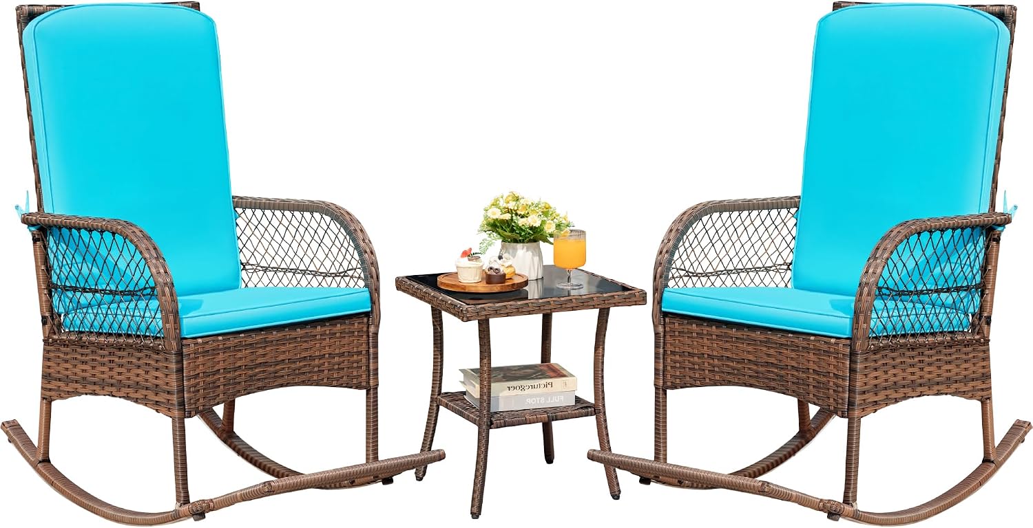 Devoko Outdoor Rocking Chairs 3 Piece Patio Furniture Set with Side Table & Cushions, Wicker Porch Rocker Bistro Set High Back for Balcony, Backyard, Garden (Blue)