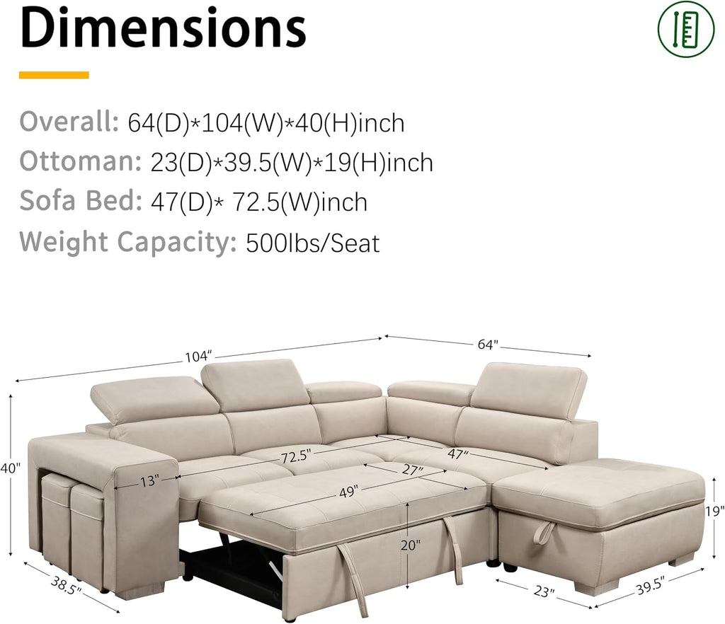 THSUPER 104'' Microfiber L Shaped Sectional Sleeper Sofa Couch with Pull Out Bed and Storage Ottoman, Convertible Couches with Adjustable Headrest for Living Room, Right Facing Chaise. Beige