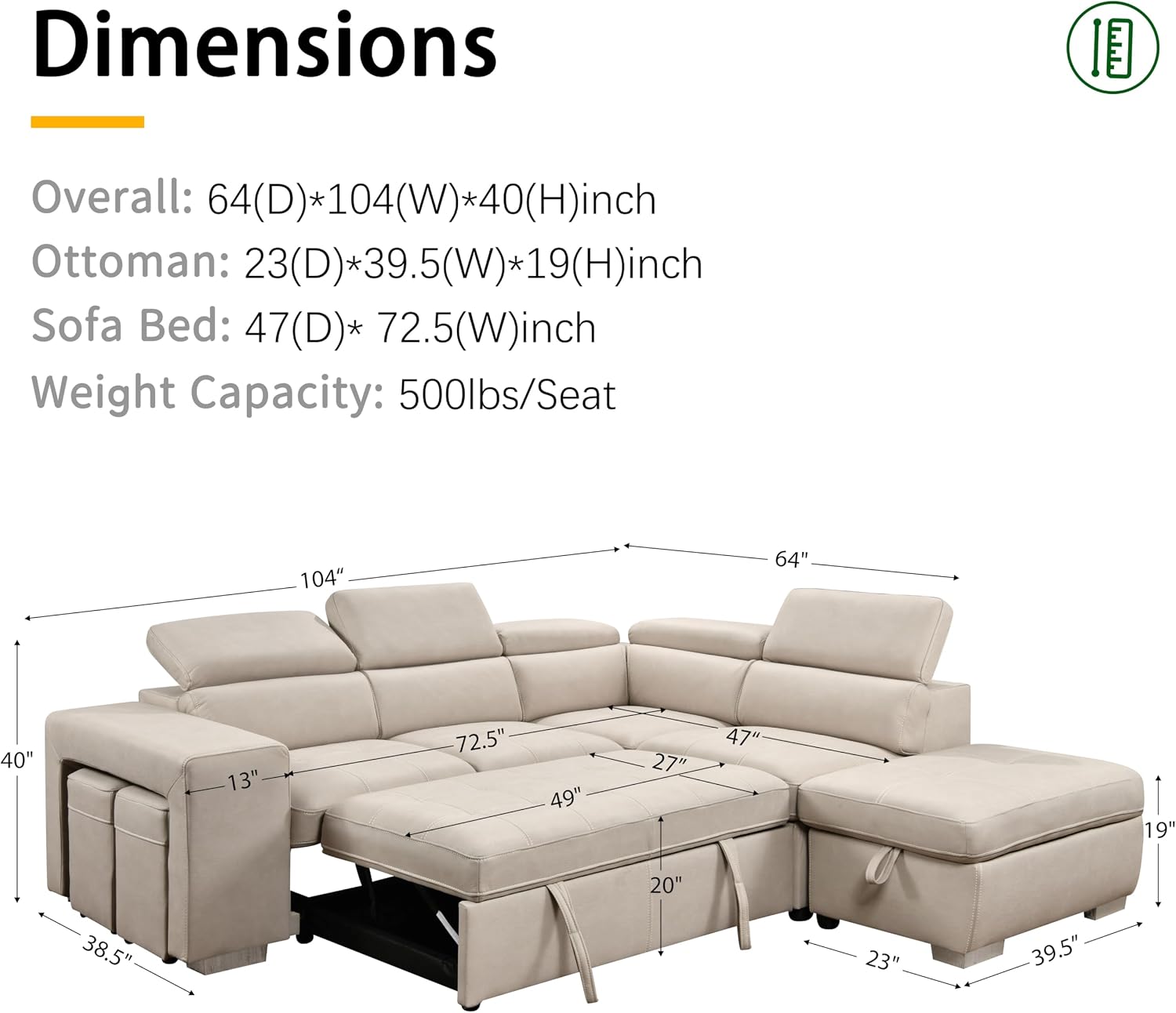 THSUPER 104'' Microfiber L Shaped Sectional Sleeper Sofa Couch with Pull Out Bed and Storage Ottoman, Convertible Couches with Adjustable Headrest for Living Room, Right Facing Chaise. Beige