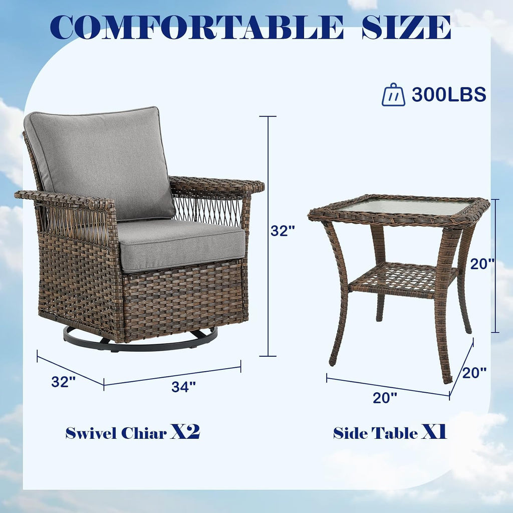 Outdoor Patio Rocking Swivel Chairs - 3PC Wicker Patio Bistro Rocker Chair Set,Rattan Glider Chair with Sturdy Frame,All-Weather PE Wicker and Cushions,1 Side Table for Deck Porch Balcony(Brown/Grey)