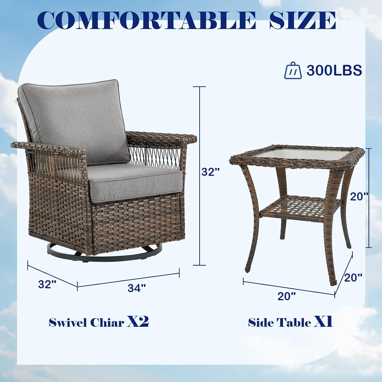 Outdoor Patio Rocking Swivel Chairs - 3PC Wicker Patio Bistro Rocker Chair Set,Rattan Glider Chair with Sturdy Frame,All-Weather PE Wicker and Cushions,1 Side Table for Deck Porch Balcony(Brown/Grey)