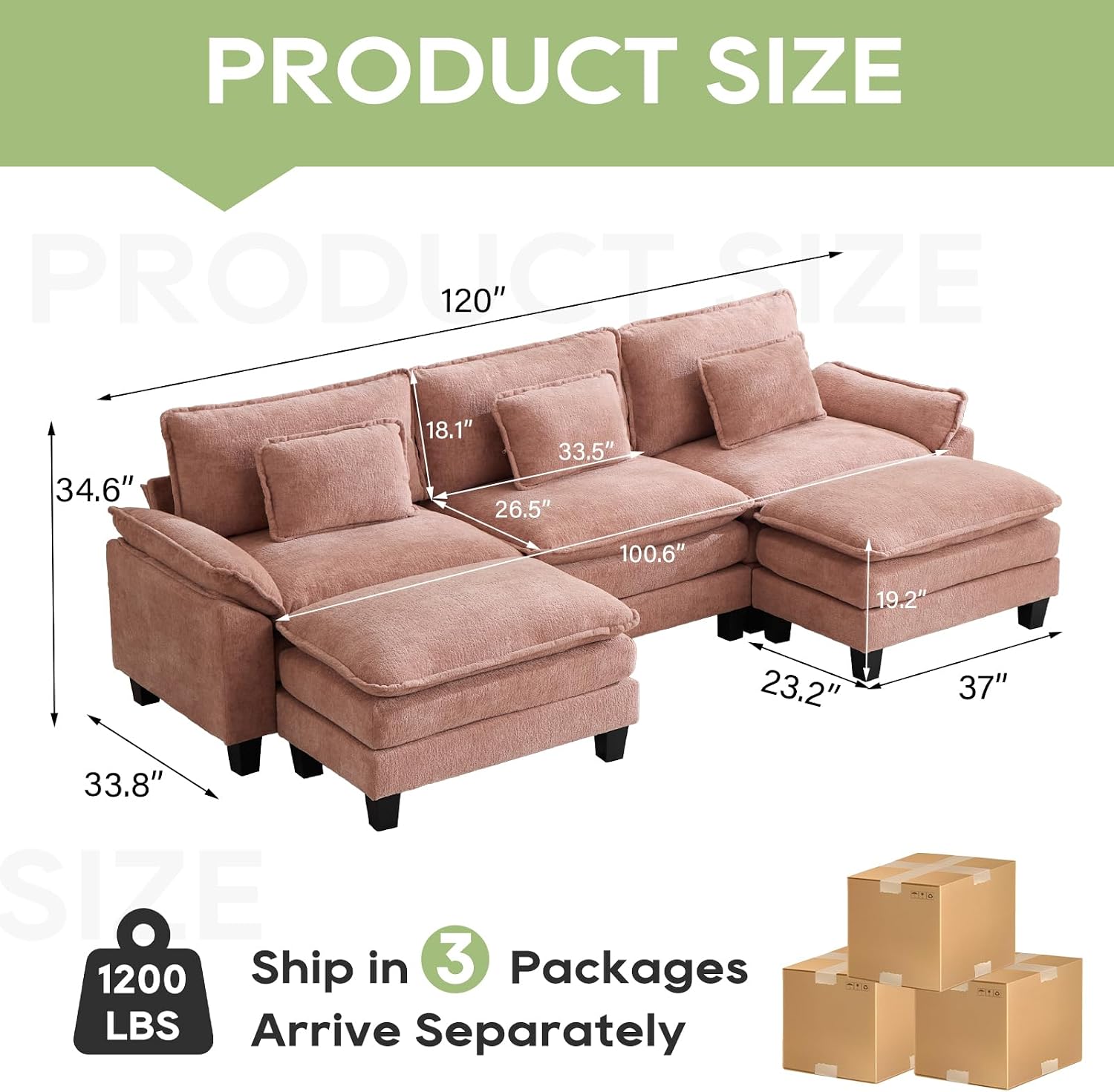 Oprisen 120' Modular Sectional Sofa, Comfy Cloud Couch Sectional Sofa with Ottoman, Chenille Sofa Sleeper Deep Seat Sofa with Throw Pillows for Living Room (Pink, 120'- U Shape)