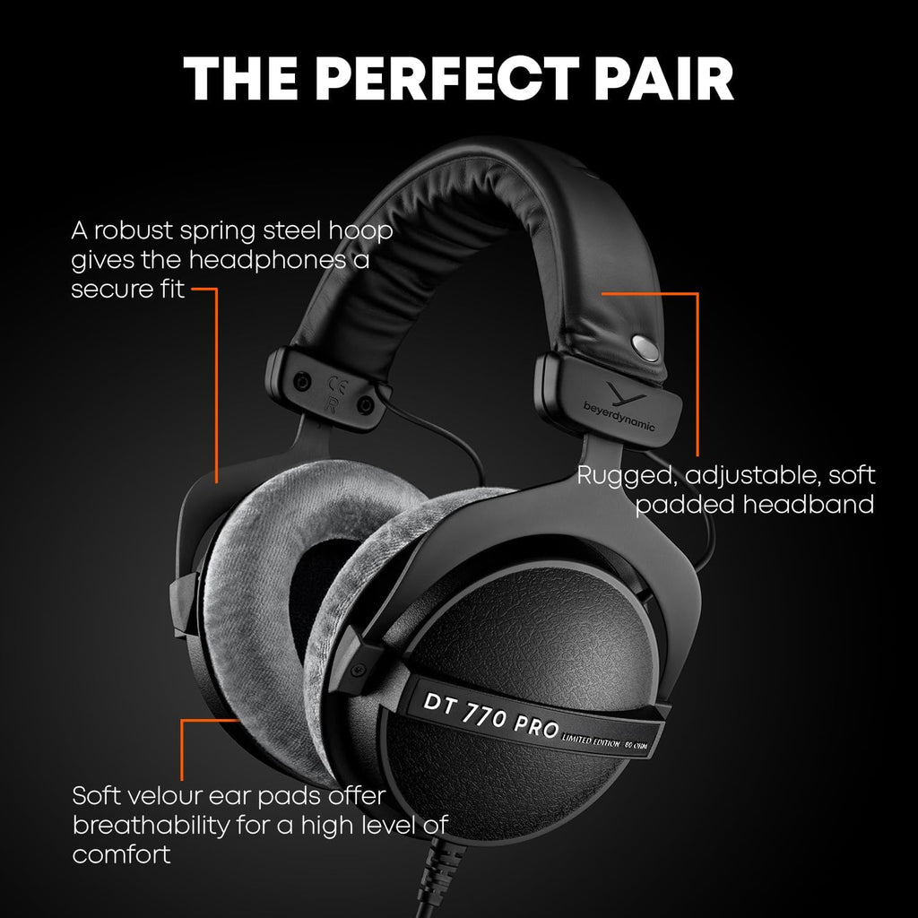 beyerdynamic DT 770 PRO, 32 Ohm, Closed Back, Over Ear, Wired Professional Studio Headphones, Mobile Recording, Podcast, Gaming, 1.6m Straight Cable, Black with Limited Edition Gray Velour Ear Pads