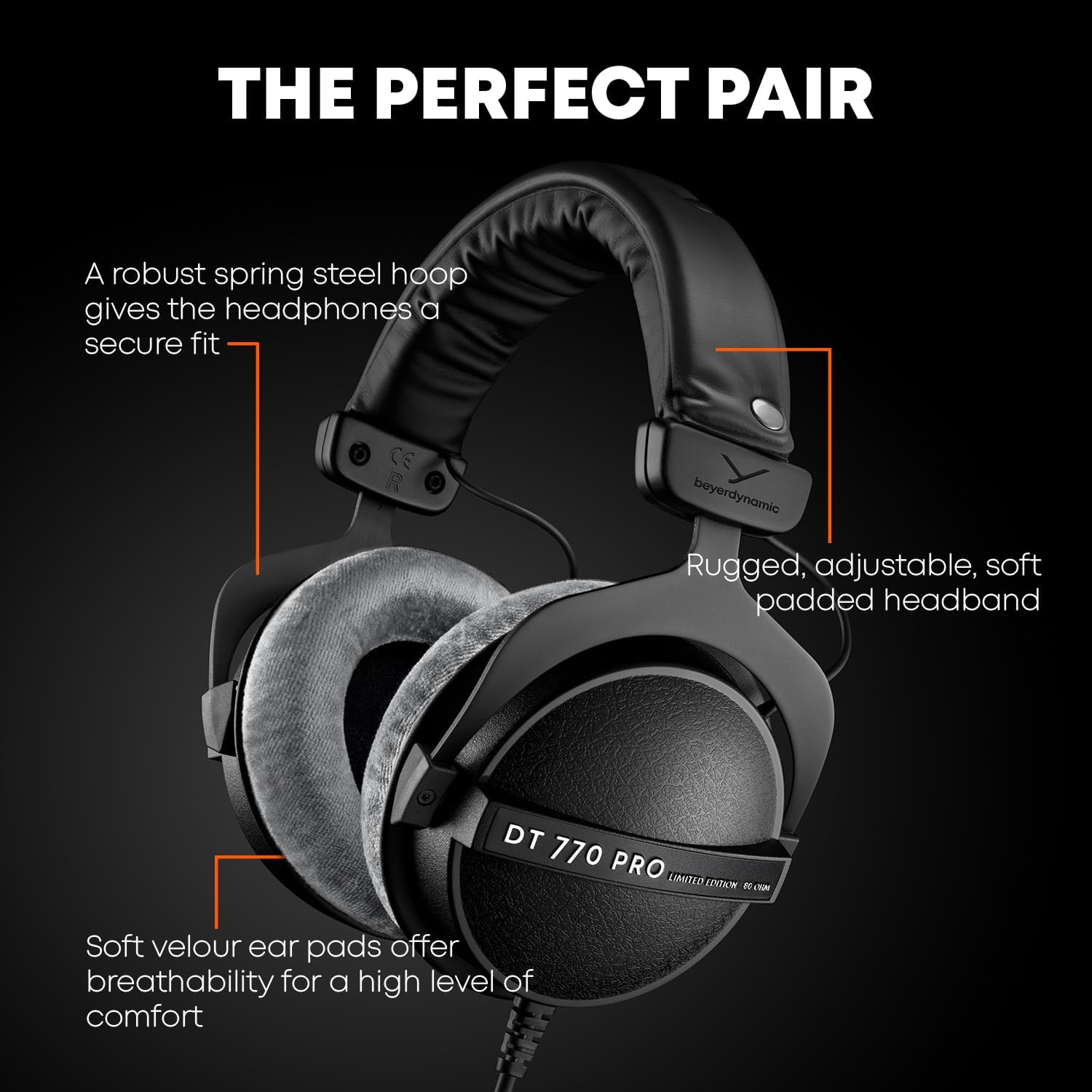 beyerdynamic DT 770 PRO, 32 Ohm, Closed Back, Over Ear, Wired Professional Studio Headphones, Mobile Recording, Podcast, Gaming, 1.6m Straight Cable, Black with Limited Edition Gray Velour Ear Pads