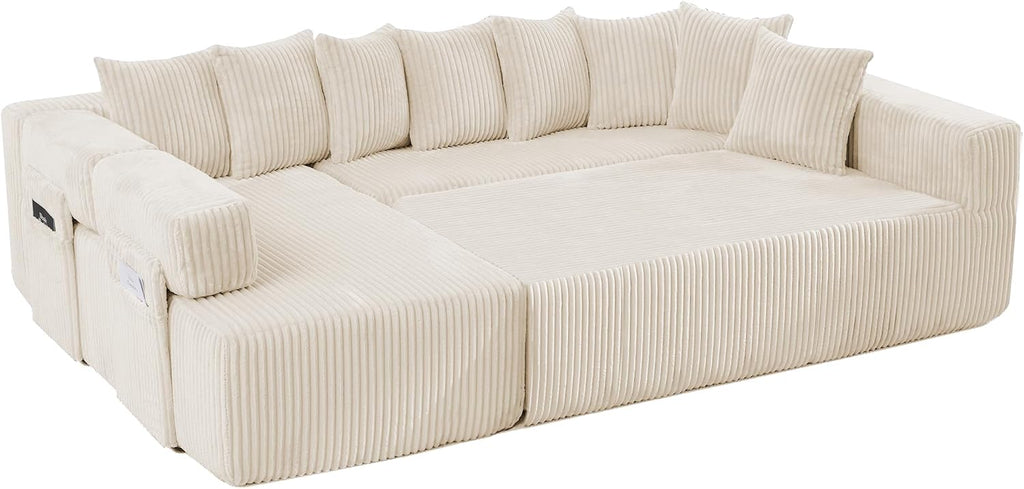 Oversized Cloud Boneless Couch with Chaise, 146' Modern U Shape Modular Deep Seat Sectional Sofa, Comfy Corduroy Upholstered Couches for Living Room, No Assembly Required-Beige