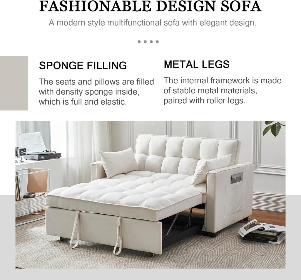 ECHINGLE 54.8'' Sleeper Sofa Bed 3-in-1 Convertible Couch with Pullout Bed, Reclining Backrest, Storage Pockets – Modern Space Lounge Furniture for Living Room, Includes Toss Pillows,Beige