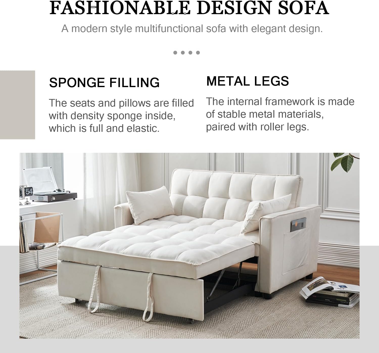 ECHINGLE 54.8'' Sleeper Sofa Bed 3-in-1 Convertible Couch with Pullout Bed, Reclining Backrest, Storage Pockets – Modern Space Lounge Furniture for Living Room, Includes Toss Pillows,Beige