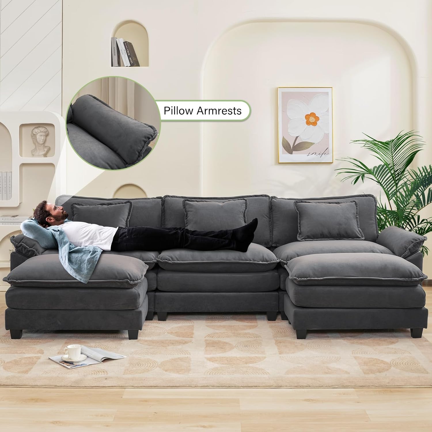 Oprisen 120' Modular Sectional Sofa, Comfy Cloud Couch Sectional Sofa with Ottoman, Chenille Sofa Sleeper Deep Seat Sofa with Throw Pillows for Living Room (Blue Gray, 120'- U Shape)