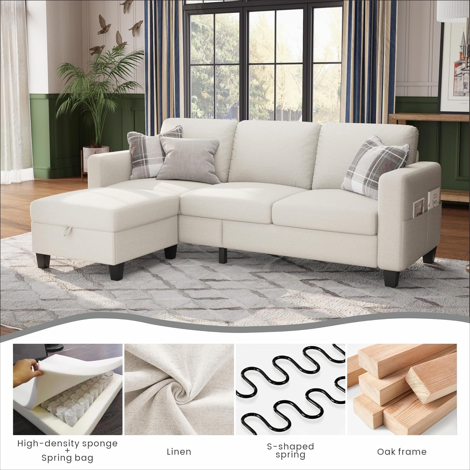 Sectional Sofa Couches for Living Room-78''Convertible Modular Three-Seater L-Shaped Pet-Friendly Couch,Washable Sofa Cover-Bench Storage,Suitable for Small Living Room,Apartment,Office-Beige