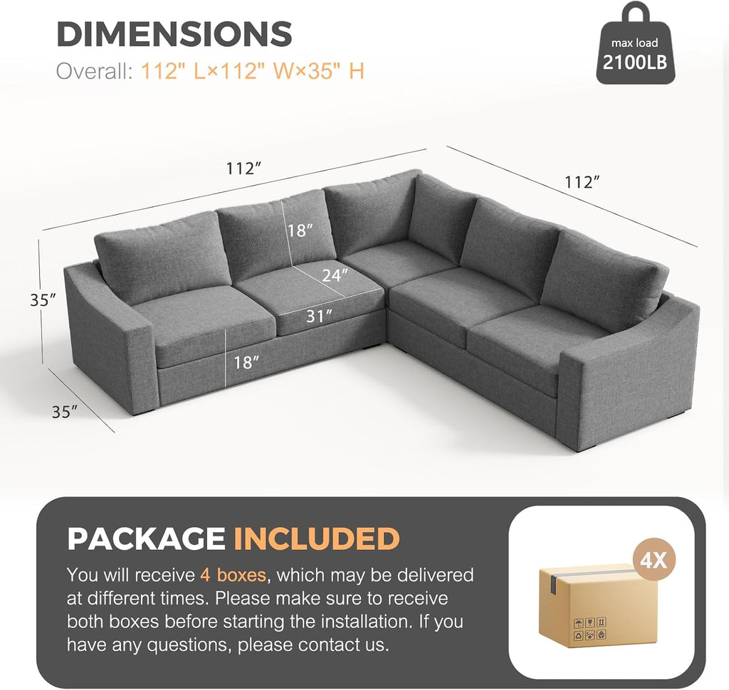 ELUCHANG Convertible Sectional, L-Shaped Couch with Extra Deep Seats, Natural Linen Fabric Comfy Modern Corner Sofa for Living Room, Office, Grey | Easy to assemble, Breathable material, Extra deep seat, Easy to clean, Pet friendly