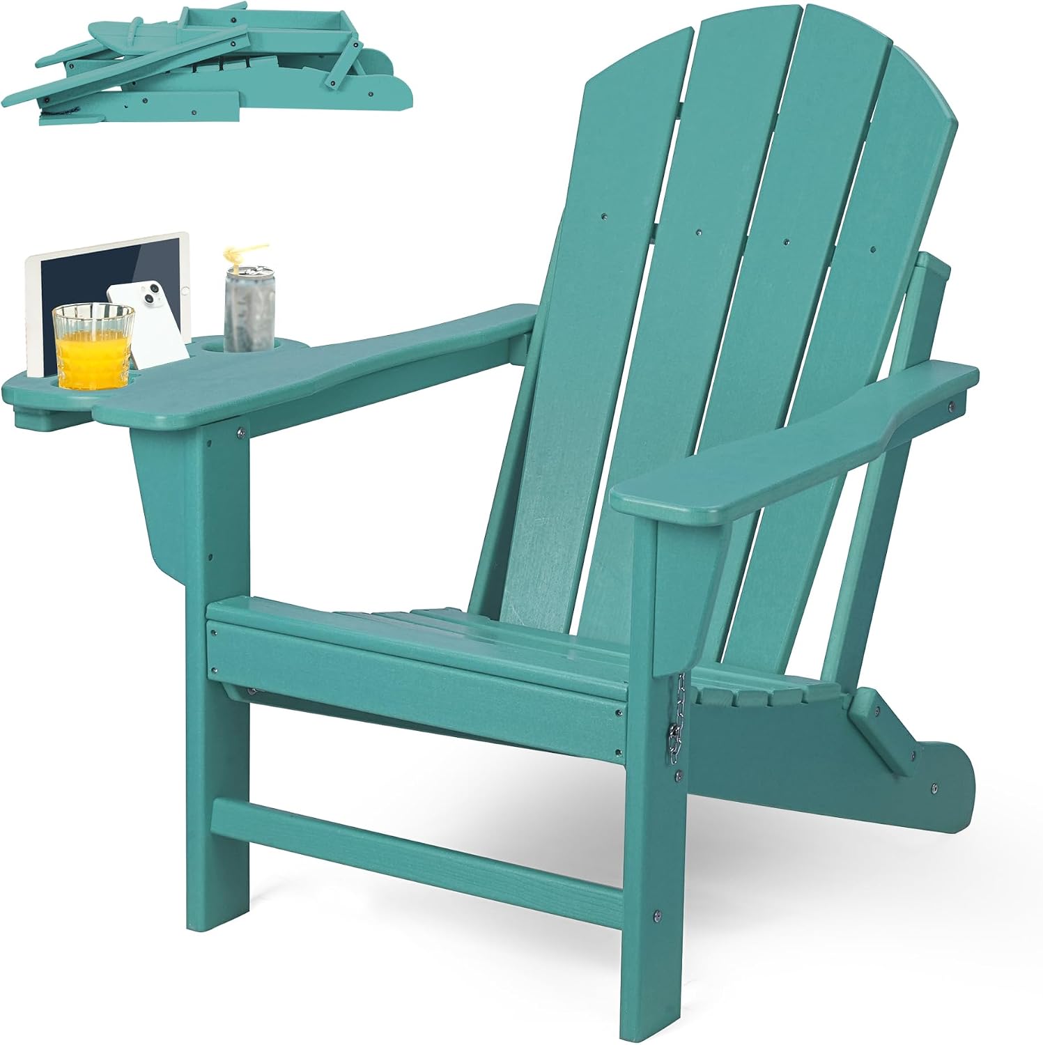FOOWIN Folding Adirondack Chair, HDPE Adirondack Chairs with Cup Holder, Weather Resistant Plastic Fire Pit Chairs for Outdoor, Patio, Lawn, Garden, Backyard, Deck, Lake Blue