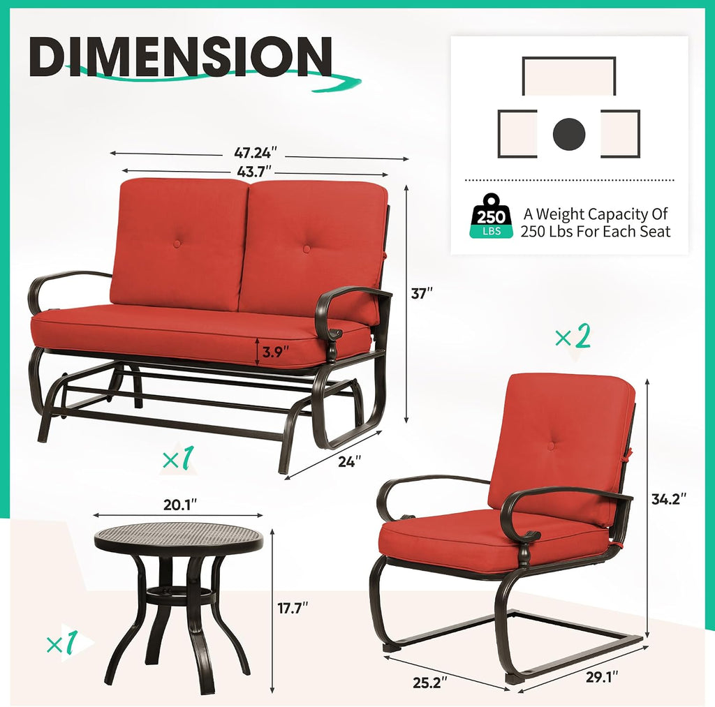 Incbruce 4Pcs Outdoor Metal Furniture Patio Conversation Sets (Glider, Bistro Table, 2 Spring Lounge Chairs) - Wrought Iron Outdoor Glider Chairs Sets (red)