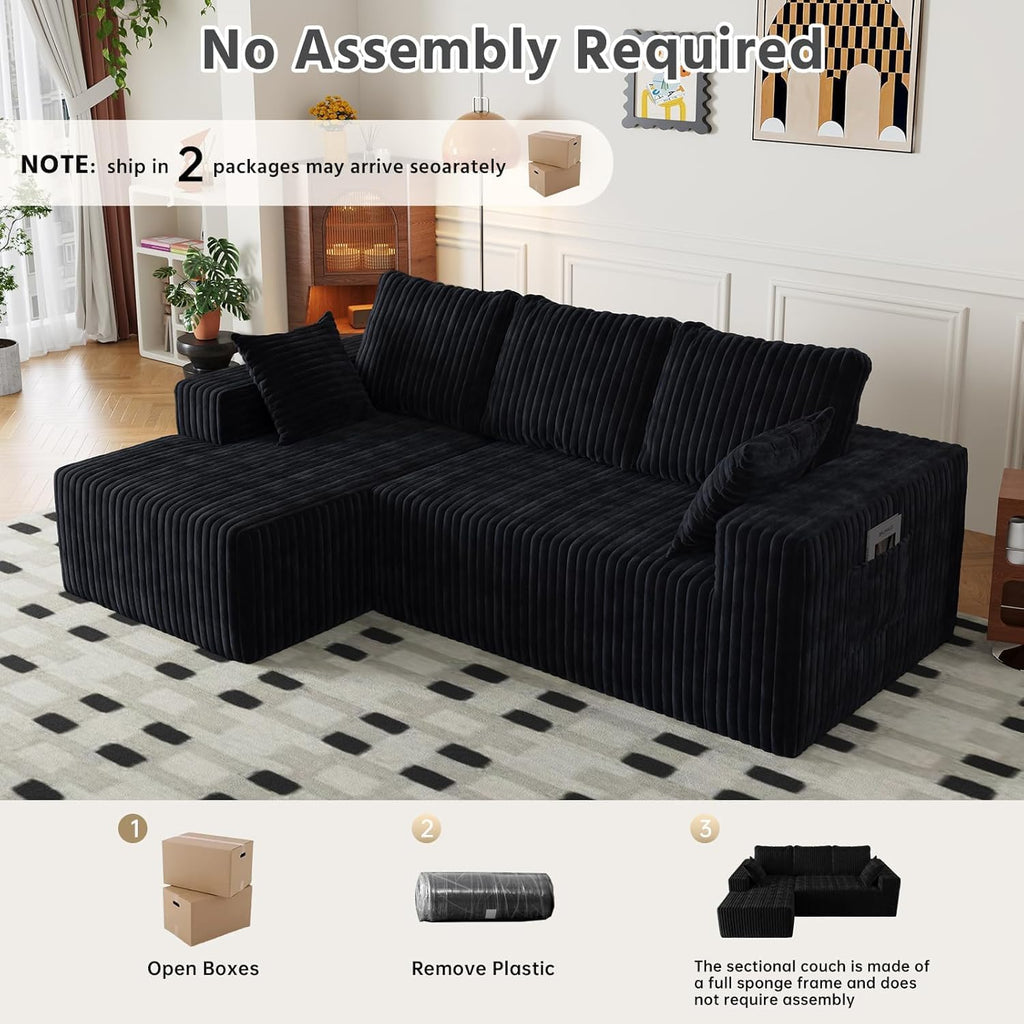96' Modular Sectional Cloud Couch for Living Room Deep Seat L Shapes Boneless Couch with Oversized Chaise Lounge, Comfy Memory Foam Flannel Fabric Sofa for Bedroom Apartment, No Assembly Required