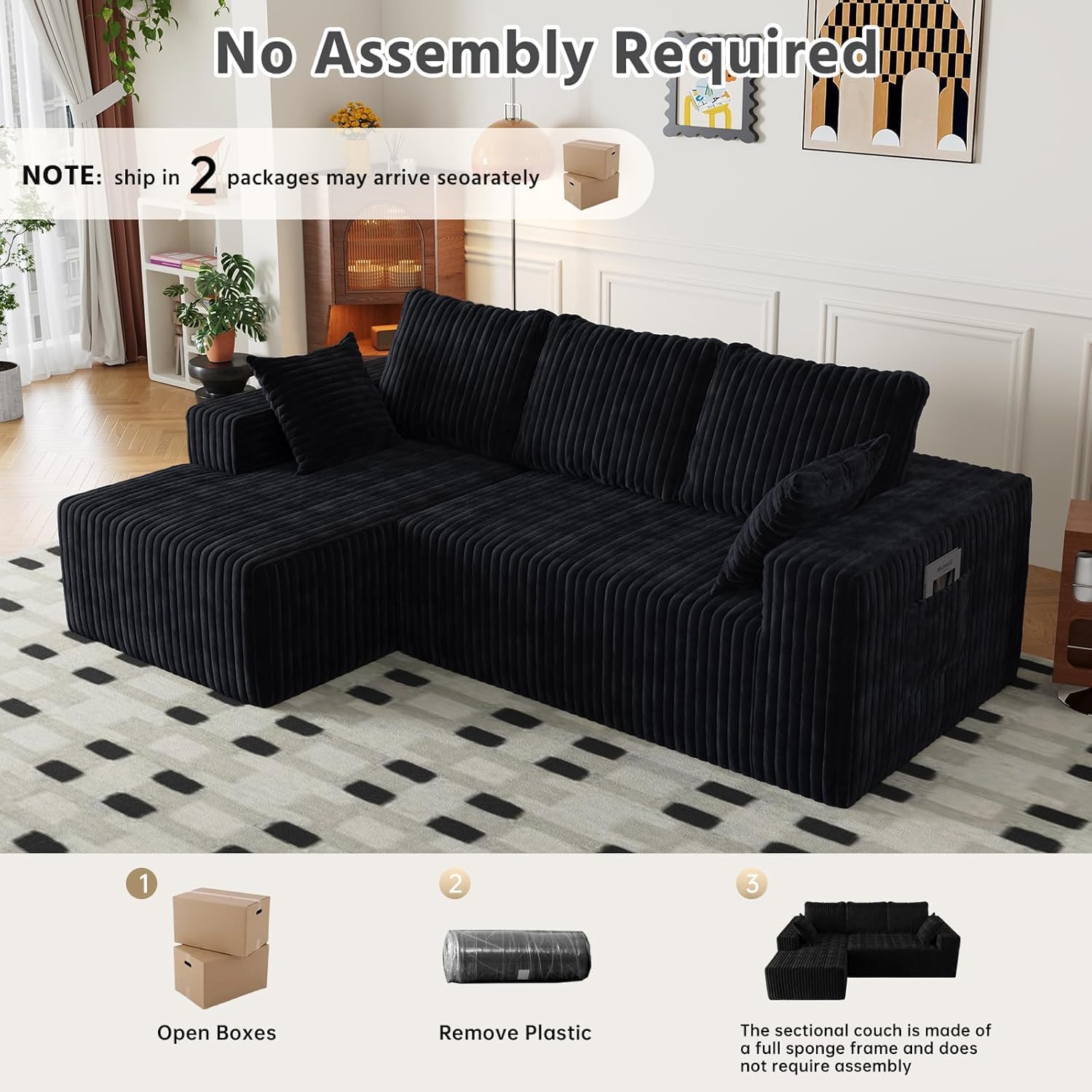 96' Modular Sectional Cloud Couch for Living Room Deep Seat L Shapes Boneless Couch with Oversized Chaise Lounge, Comfy Memory Foam Flannel Fabric Sofa for Bedroom Apartment, No Assembly Required