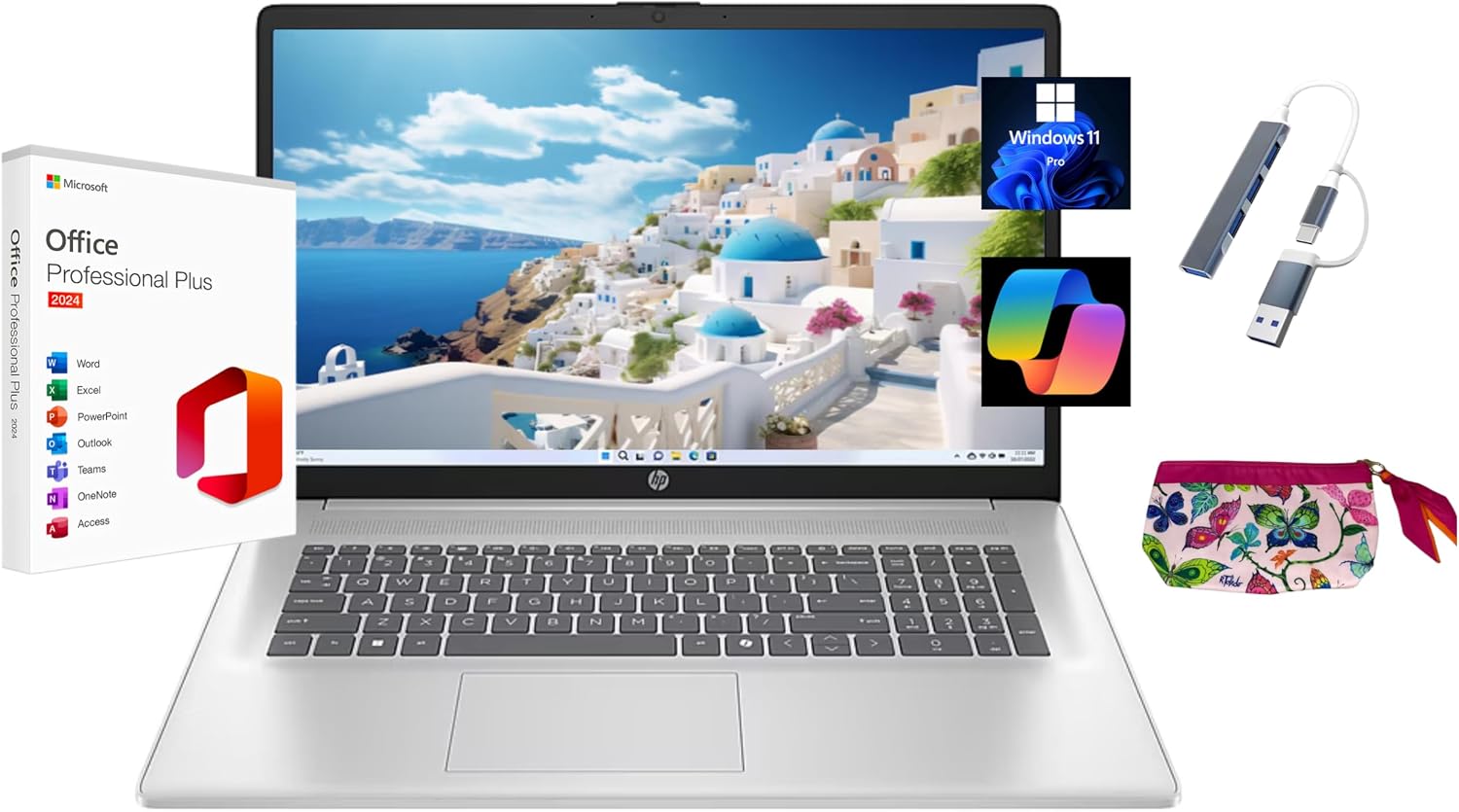 HP 2025 17.3' HD+ Laptop, with Free Lifetime Microsoft Office 2024, Intel Core i3-N305, 32GB RAM, 2TB SSD, Intel UHD Graphics, Windows 11 Pro, Natural Silver, Wi-Fi 6, Copilot, with USB Hub & Pouch