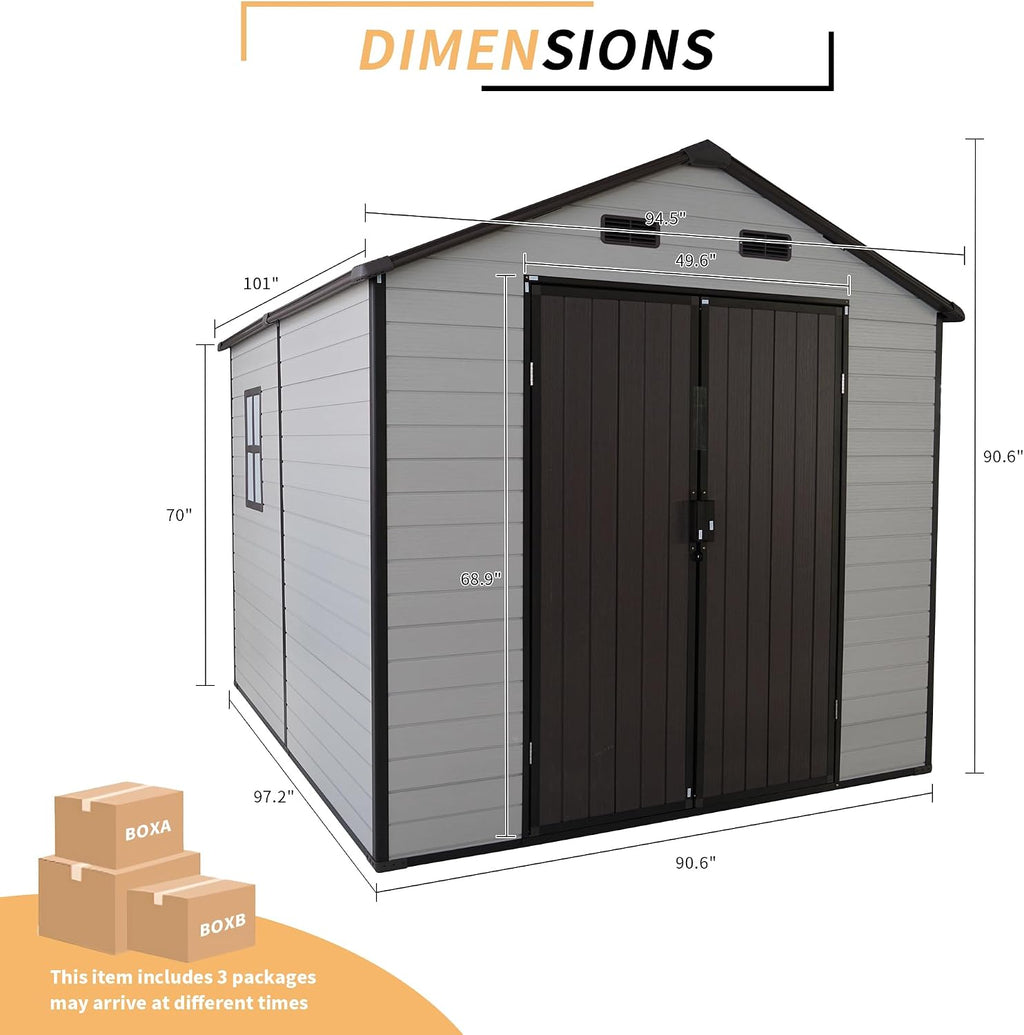 Outdoor Storage Shed, 8x8x7.6FT Plastic Storage Shed with 2 Windows and Strong Aluminum Frame for Garden Tools, Bike, Lawnmower, White and Brown