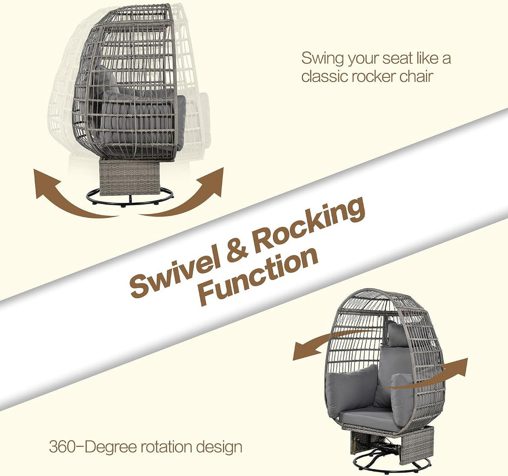 Outdoor Swivel Chair with Cushions, Rattan Egg Patio Chair with Rocking Function for Balcony, Poolside and Garden