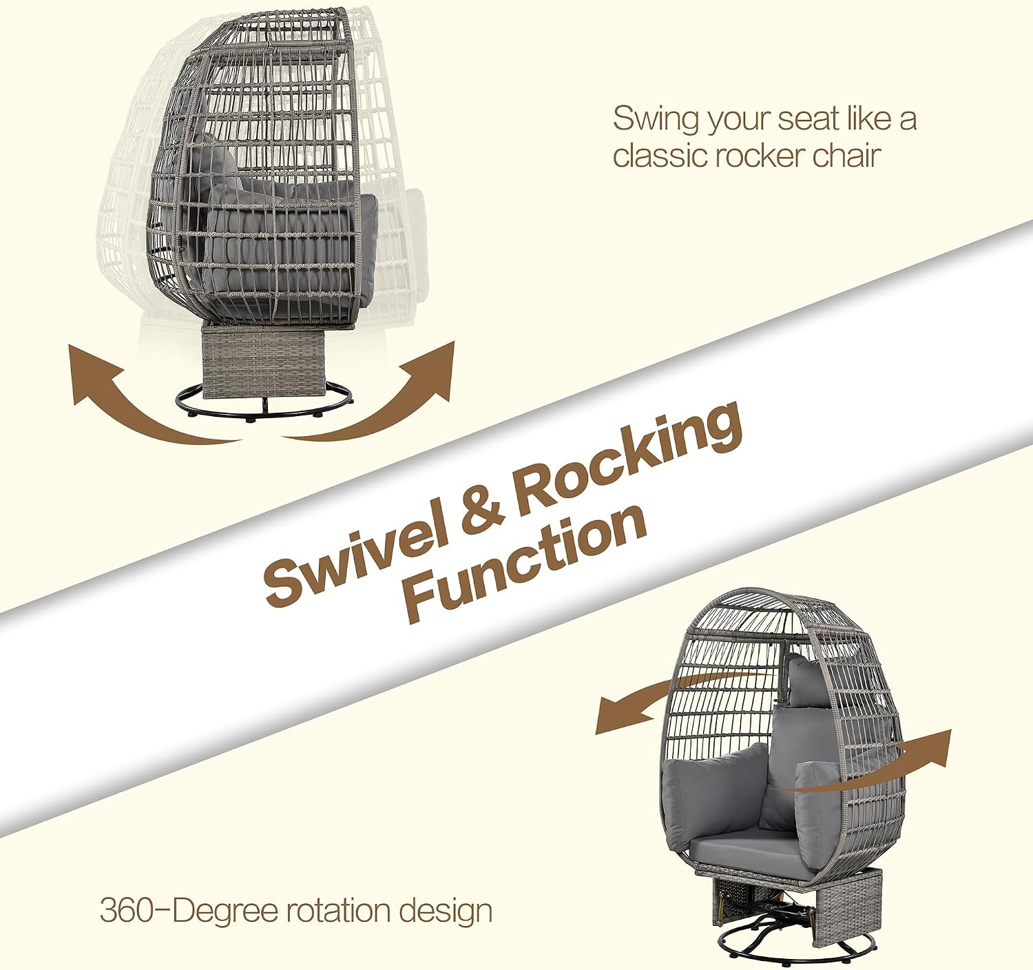 Outdoor Swivel Chair with Cushions, Rattan Egg Patio Chair with Rocking Function for Balcony, Poolside and Garden