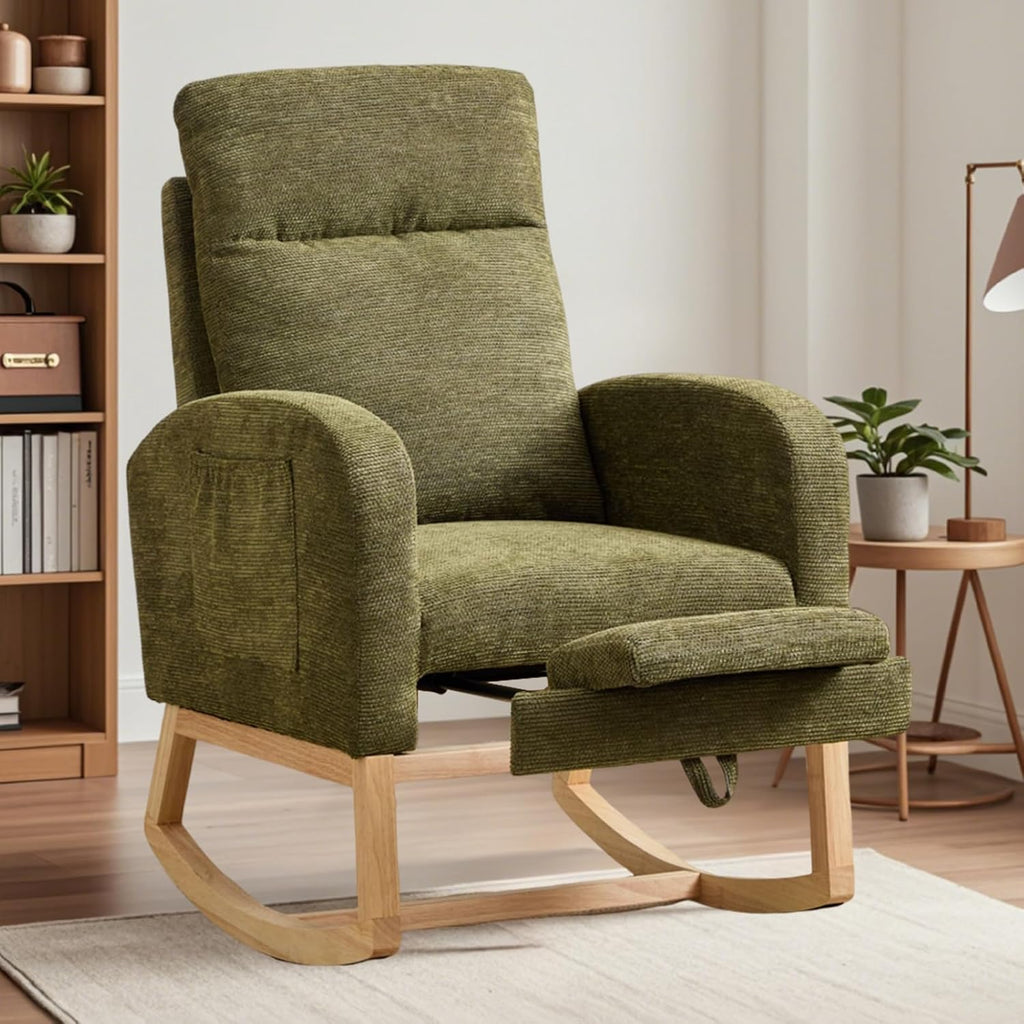 Rosevera Nursery Rocking Chair with Adjustable Footrest for Living Room - Teddy Fabric, Solid Wooden Legs, Comfortable Lounge Armchair with High Backrest and Side Pockets (Contemporary, Cyan-1 line)