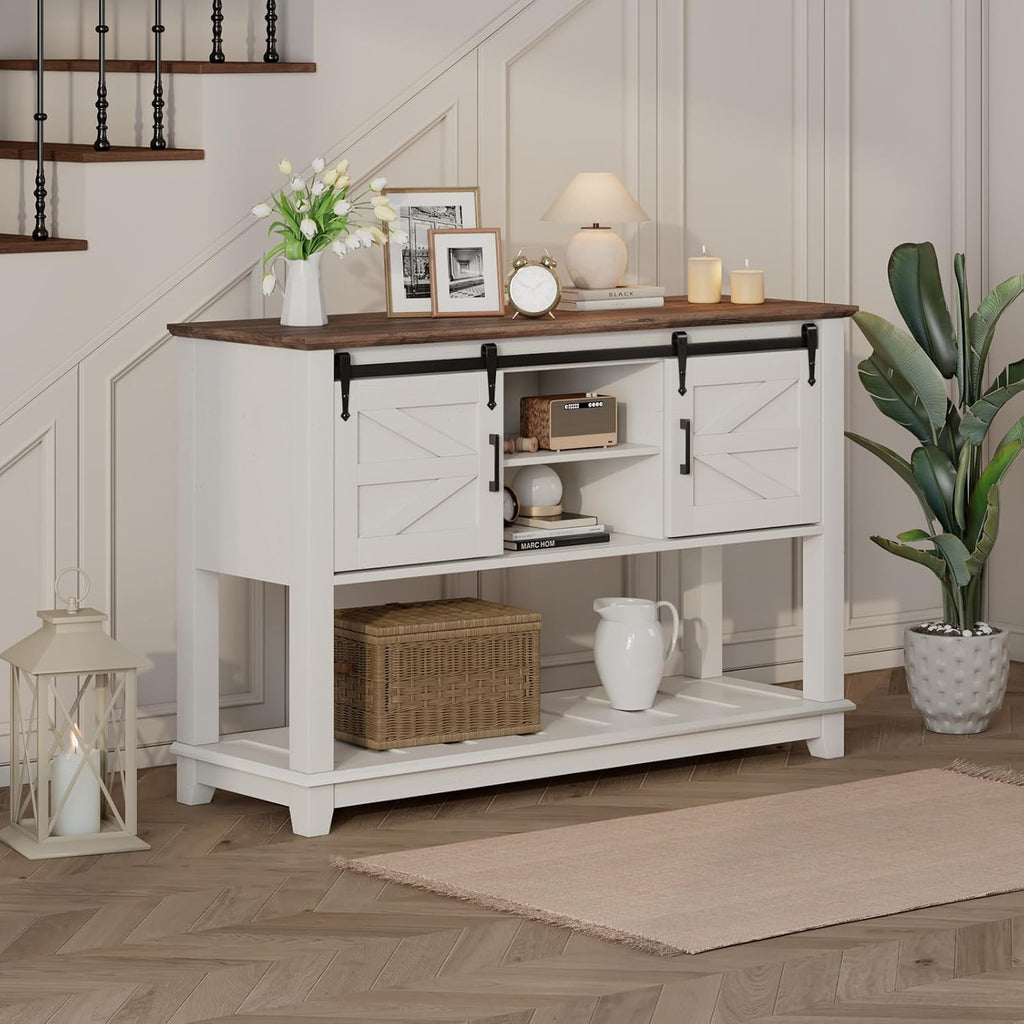 LUXOAK Farmhouse Entryway Table with Sliding Barn Doors, 46' Sofa Table for Living Room, Console Table with Storage Hallway Entrance Table, Antique White